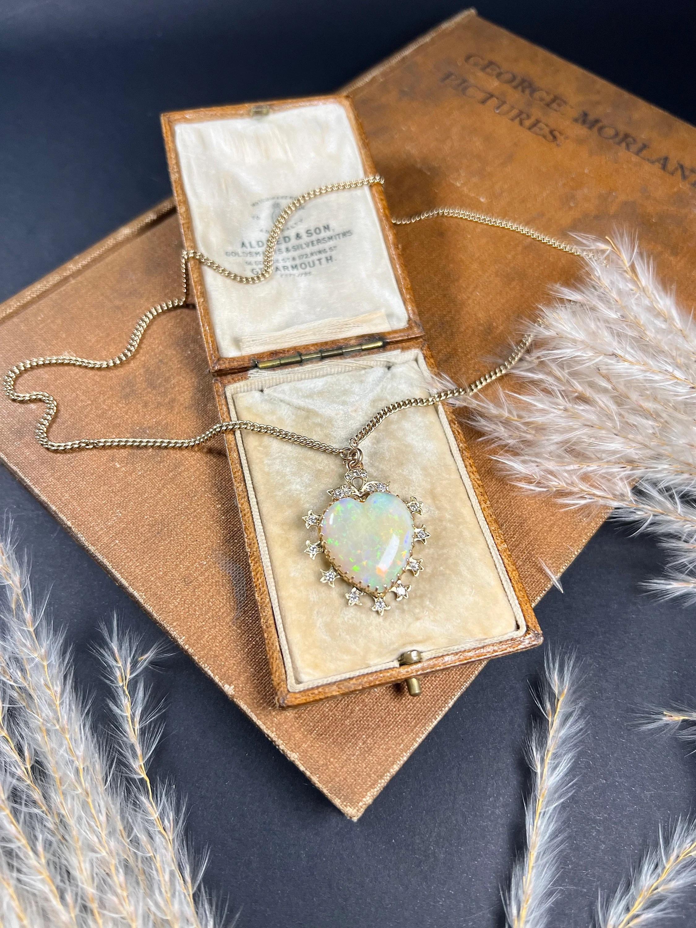 Women's or Men's Antique 15ct Gold Victorian Large Opal & Diamond Heart Pendant For Sale