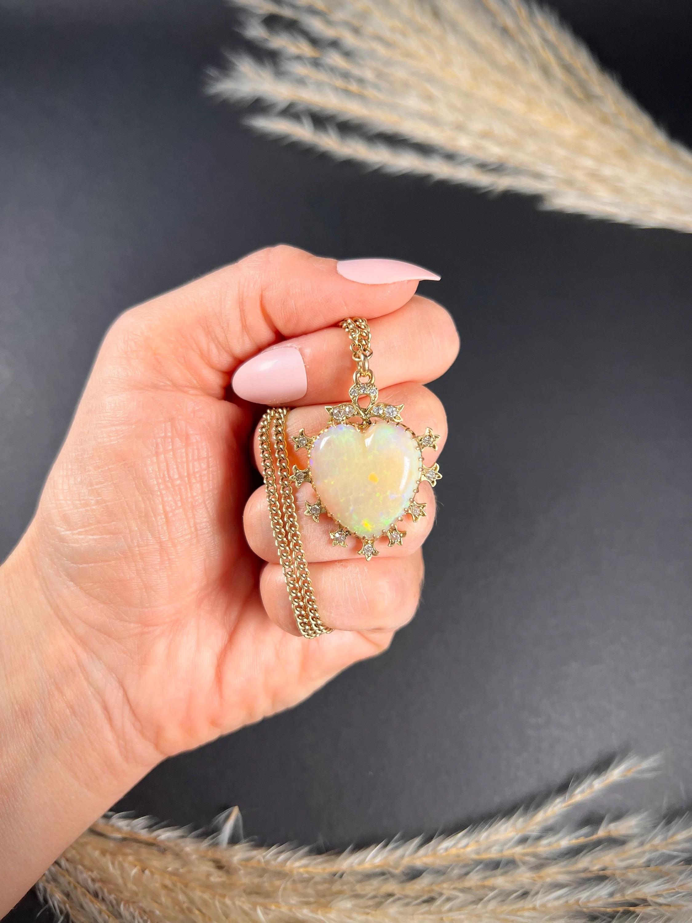 Antique 15ct Gold Victorian Large Opal & Diamond Heart Pendant For Sale 3