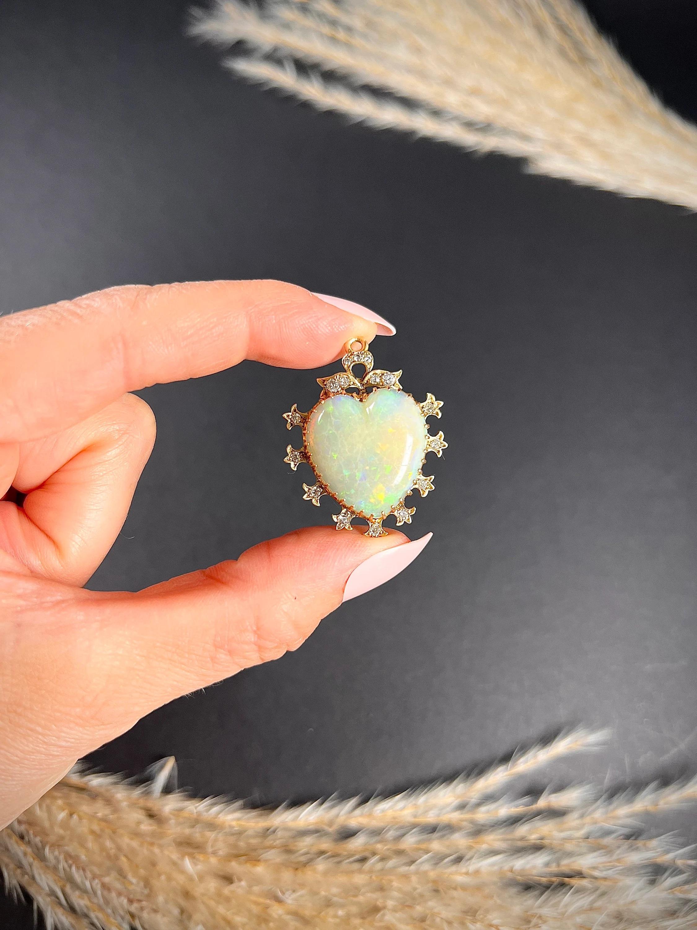 Antique 15ct Gold Victorian Large Opal & Diamond Heart Pendant For Sale 4