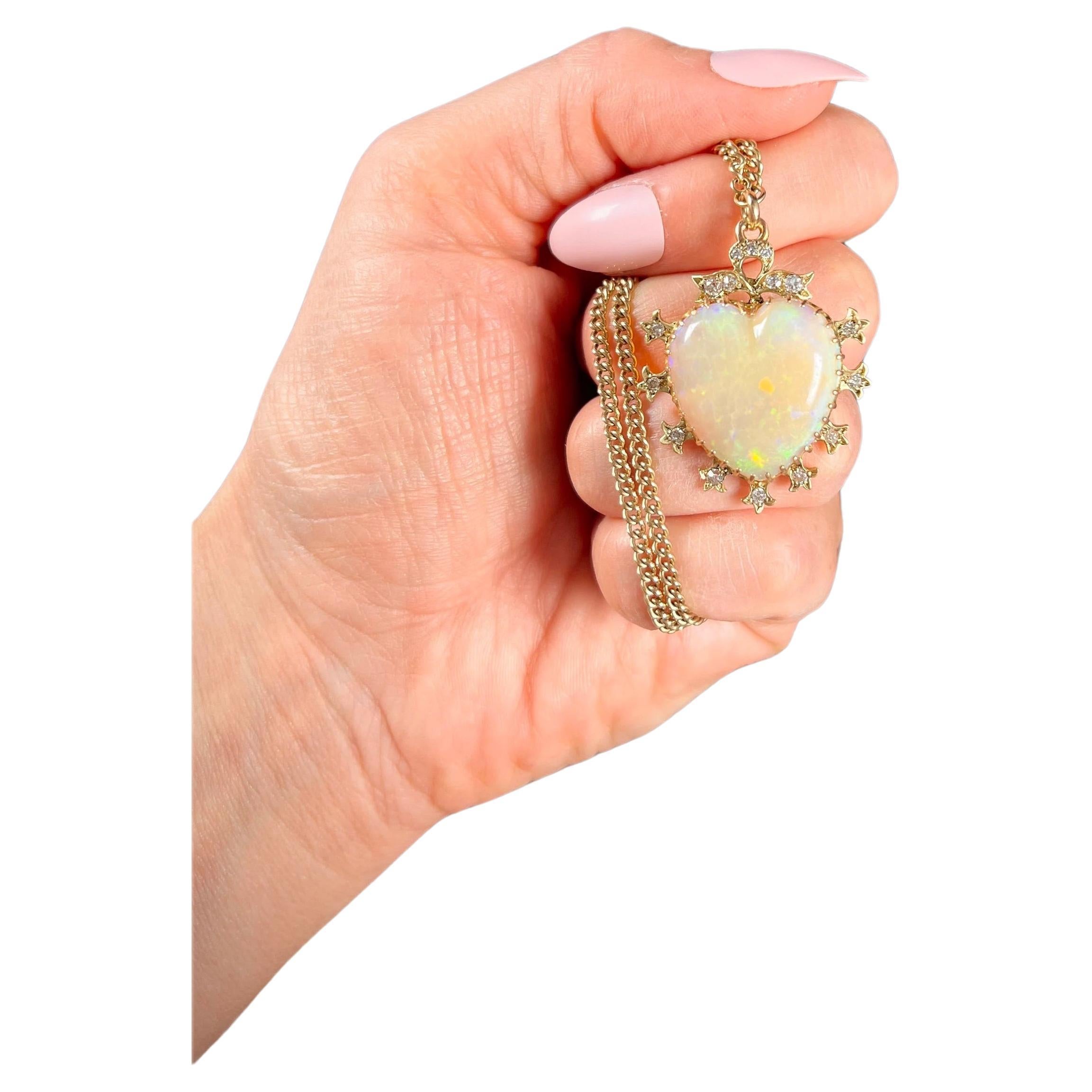 Antique 15ct Gold Victorian Large Opal & Diamond Heart Pendant For Sale