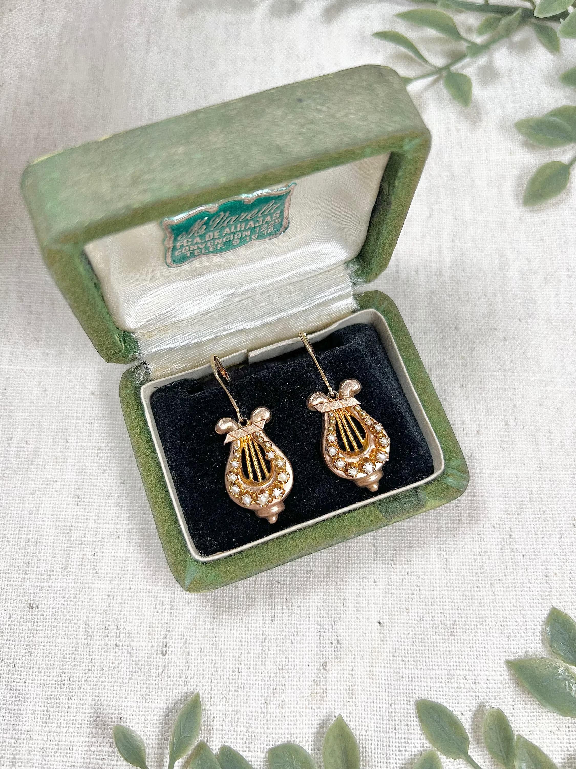 Antique 15ct Gold, Victorian Pearl Harp Drop Earrings For Sale 5