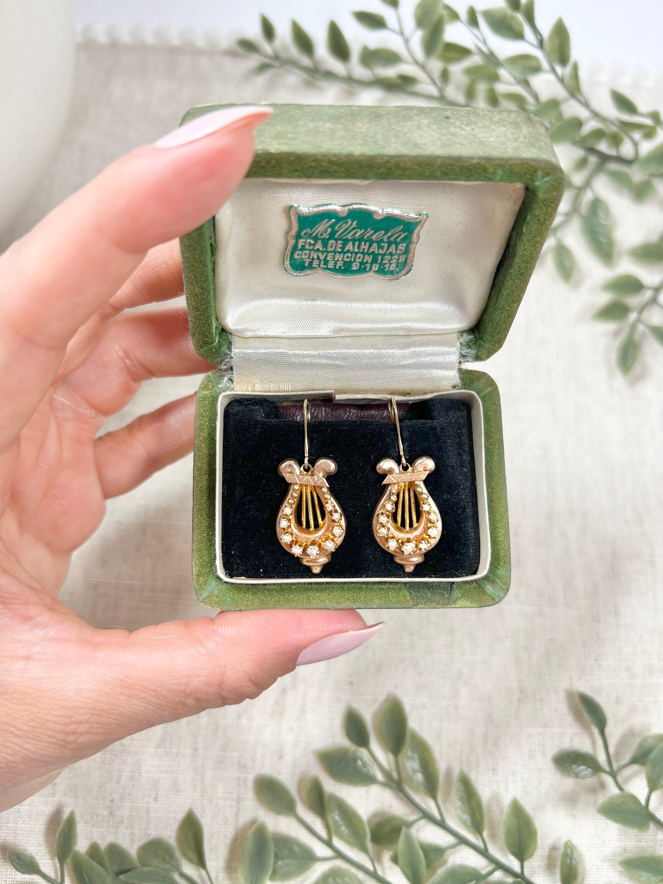 Women's or Men's Antique 15ct Gold, Victorian Pearl Harp Drop Earrings For Sale