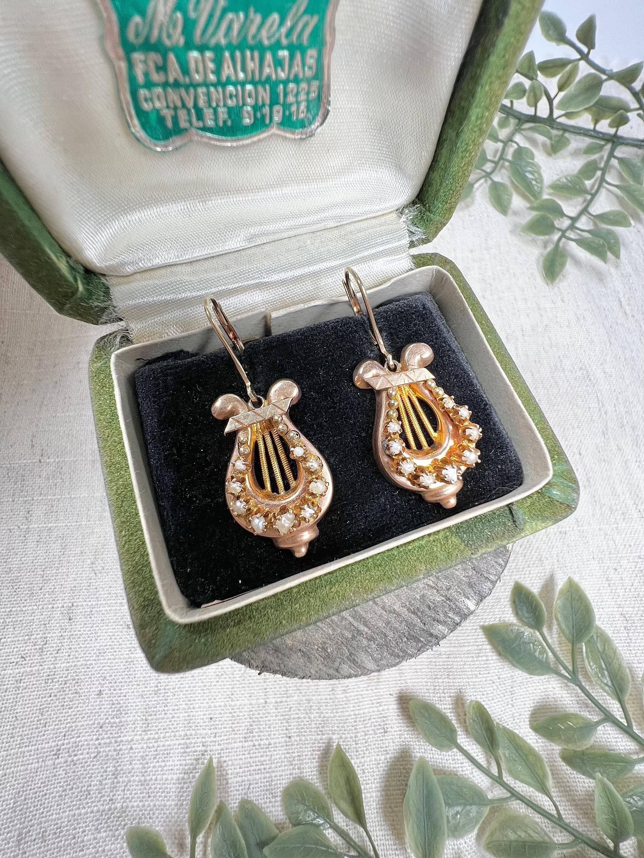 Antique 15ct Gold, Victorian Pearl Harp Drop Earrings For Sale 4