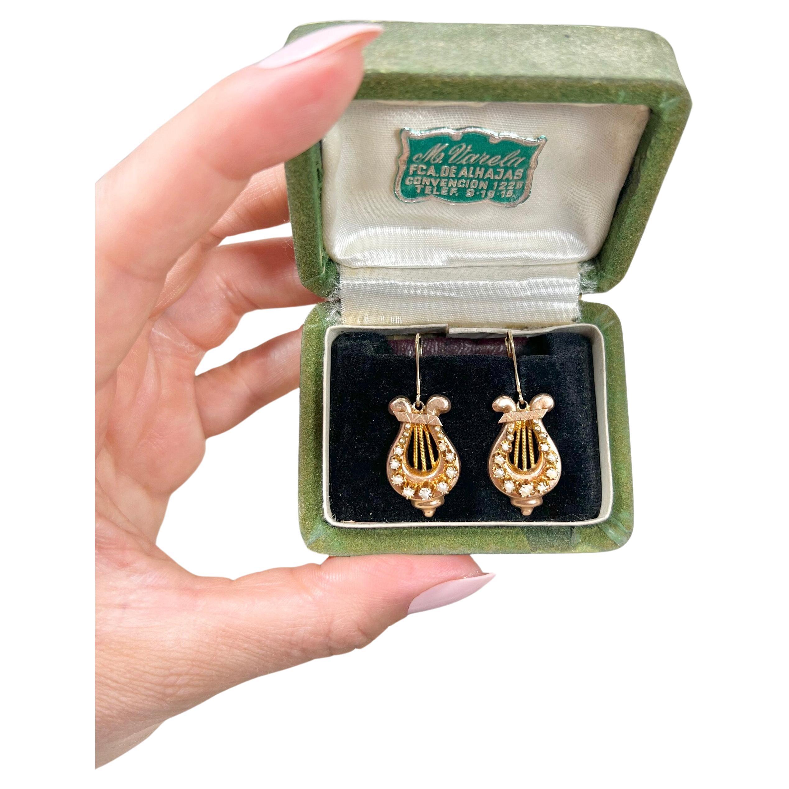 Antique 15ct Gold, Victorian Pearl Harp Drop Earrings For Sale