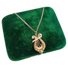 Antiker 15ct Gold, viktorianischer Perlen-Harfen-Anhänger 