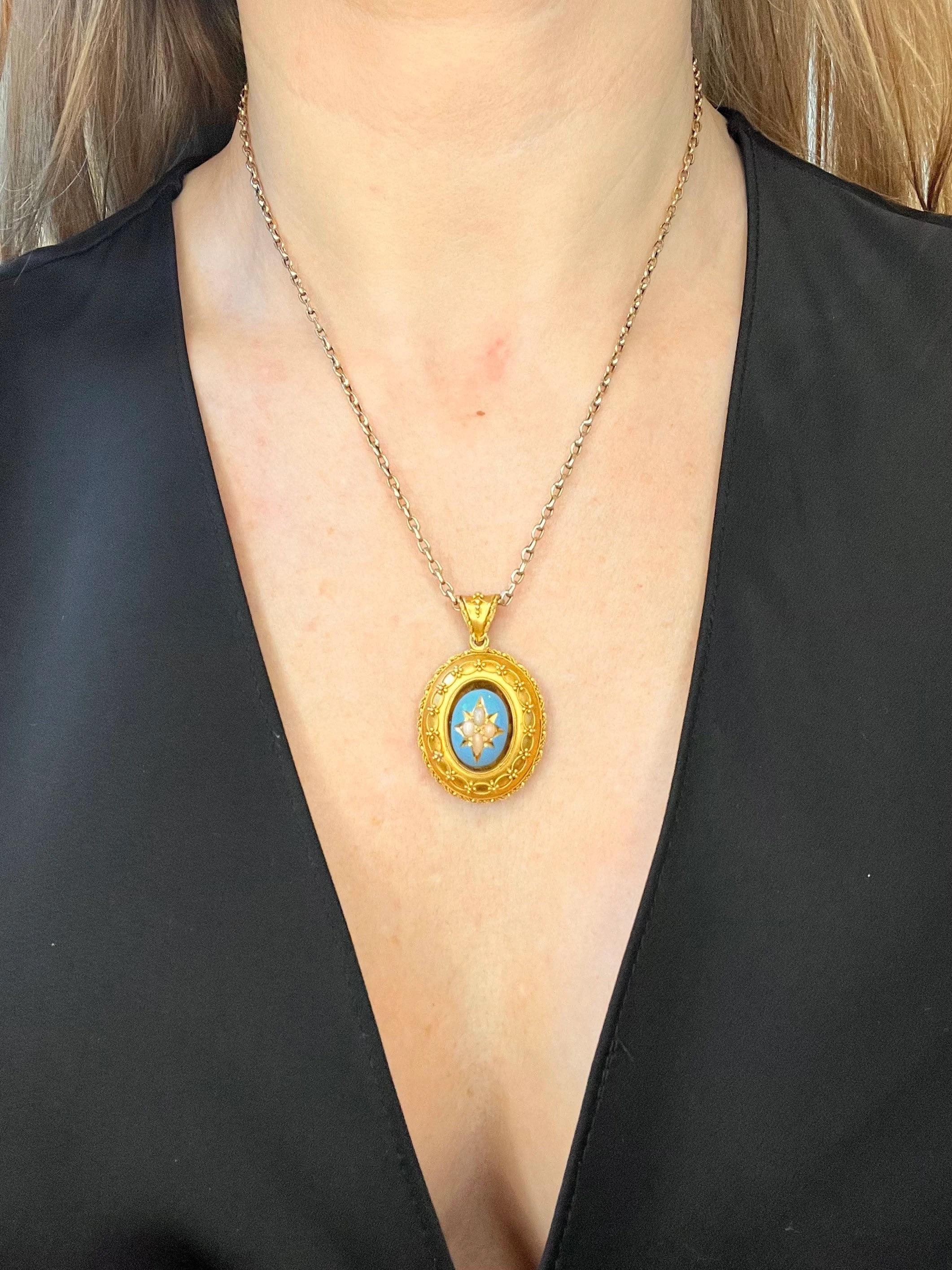 Antique Turquoise Pendant 

15ct Gold 

Circa 1860

A Stunning, Victorian Piece. Beautiful, Turquoise Blue Enamel Centre, Set with Pretty, Star-Set Natural Coral. All In Excellent Condition For It’s Age! 
Features Gorgeous, Gold Etruscan Detailing,