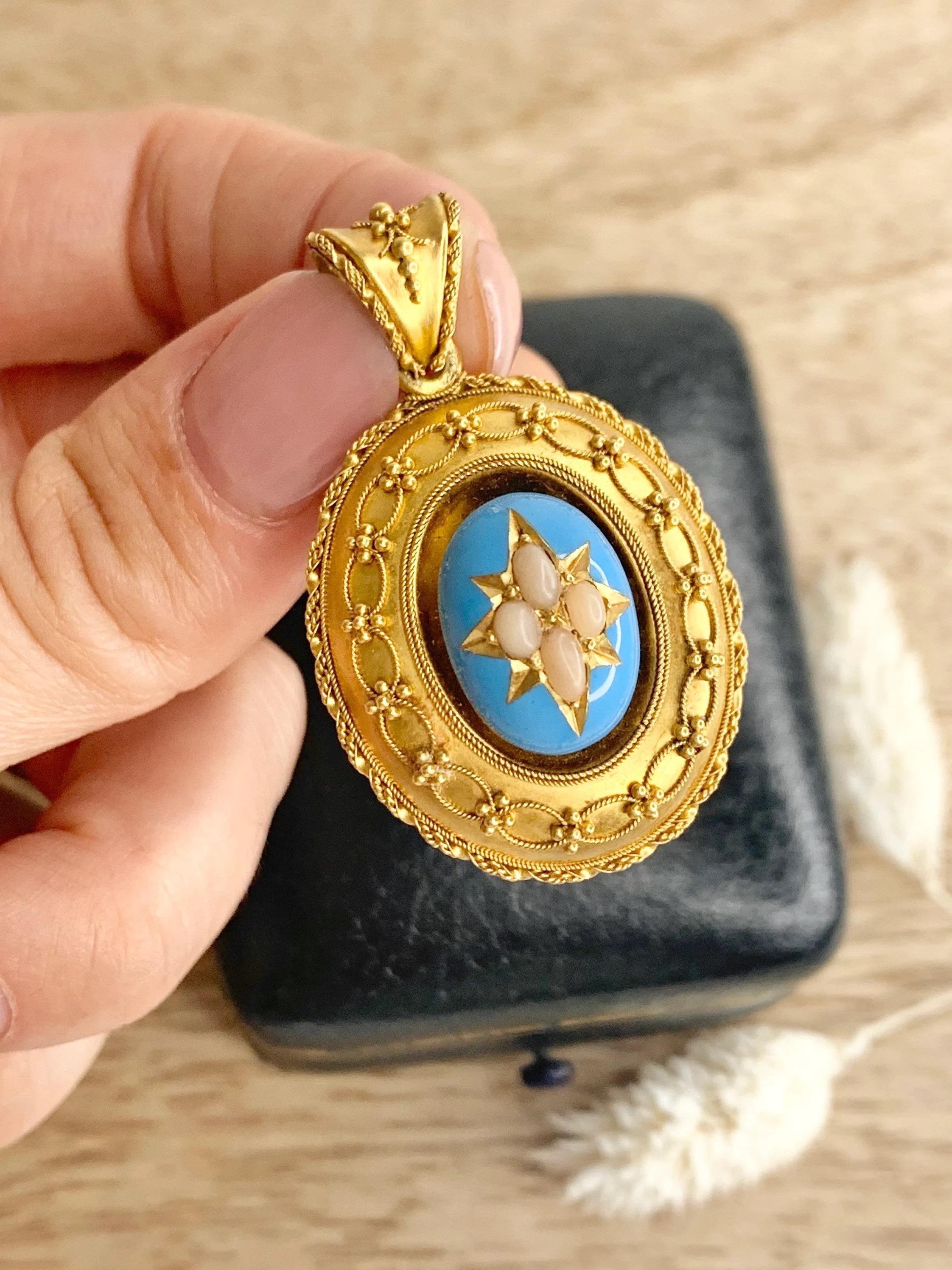Antique 15ct Gold Victorian Pendant Blue Enamel Centre Star Set Natural Coral For Sale 3