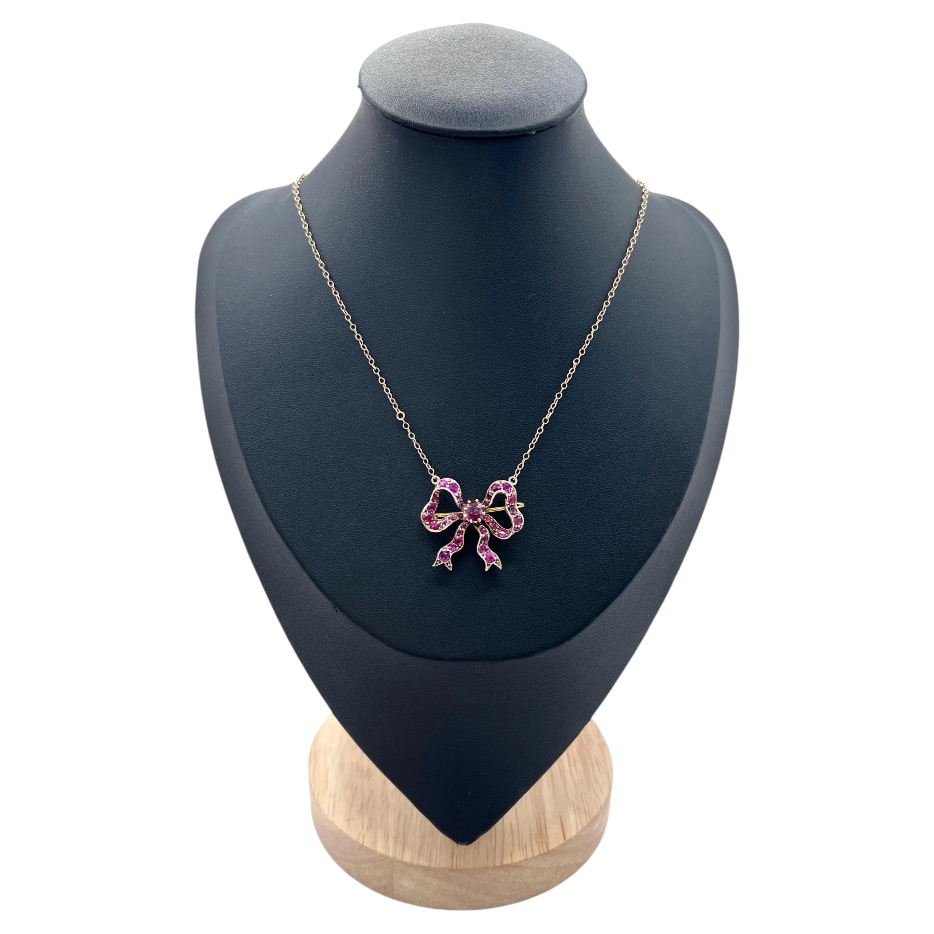 Collana/spilla vittoriana d'epoca in oro a 15 carati con rubino a forma di fiocco