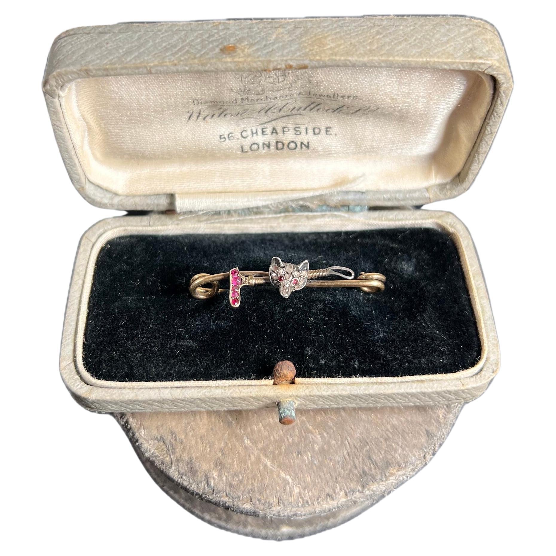 Antike 15ct Gold viktorianischen Rubin & Diamant Fuchs Reiten Crop Stock Pin Brosche