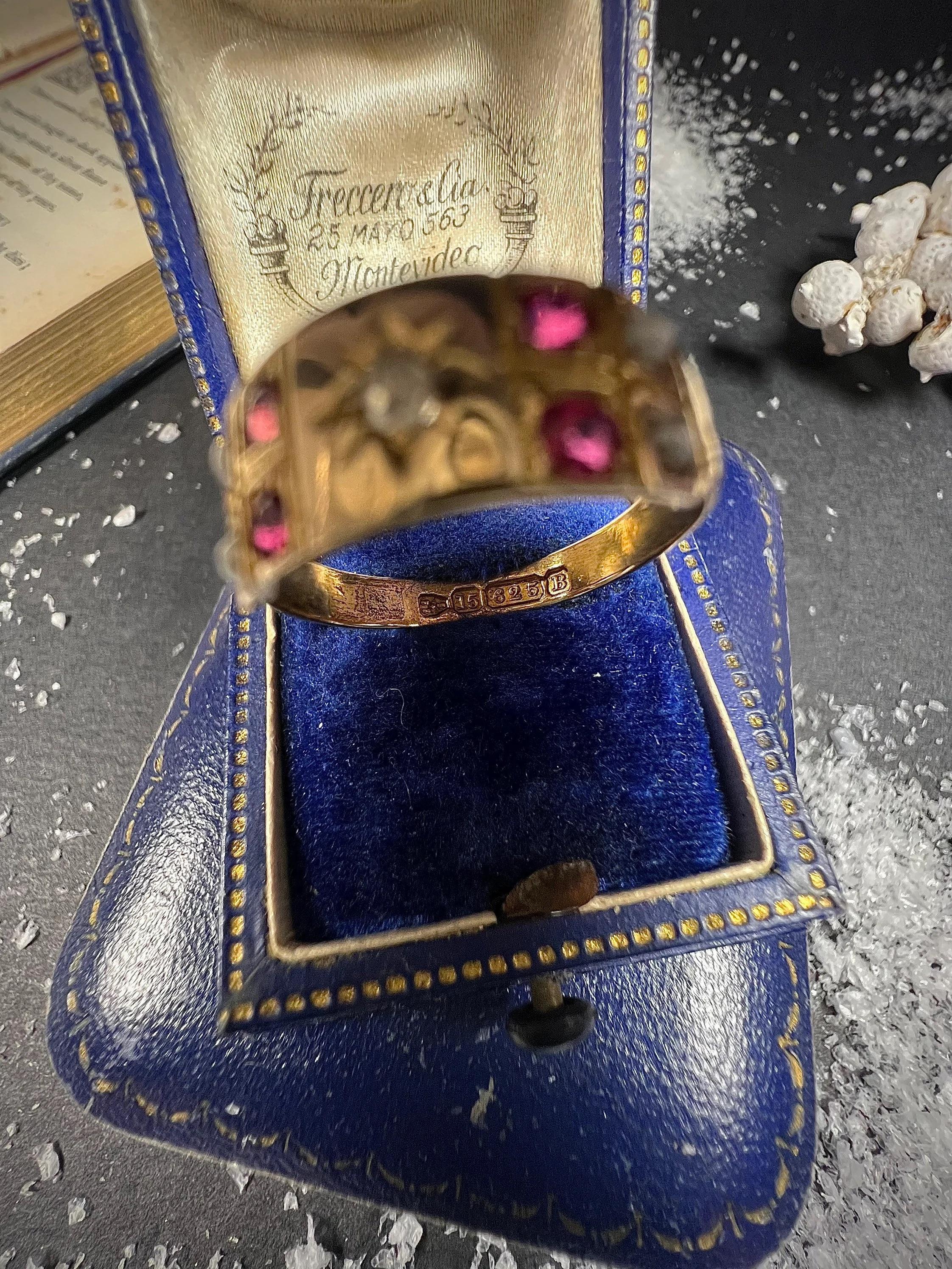 Round Cut Antique 15ct Gold Victorian Ruby Diamond & Pearl Ring For Sale