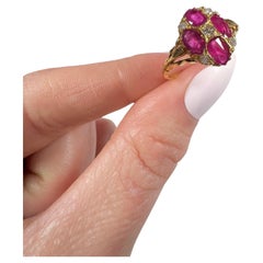 Antique 15ct Gold Victorian Ruby Diamond Ring Oval Shaped Rubies Five & Diamonds