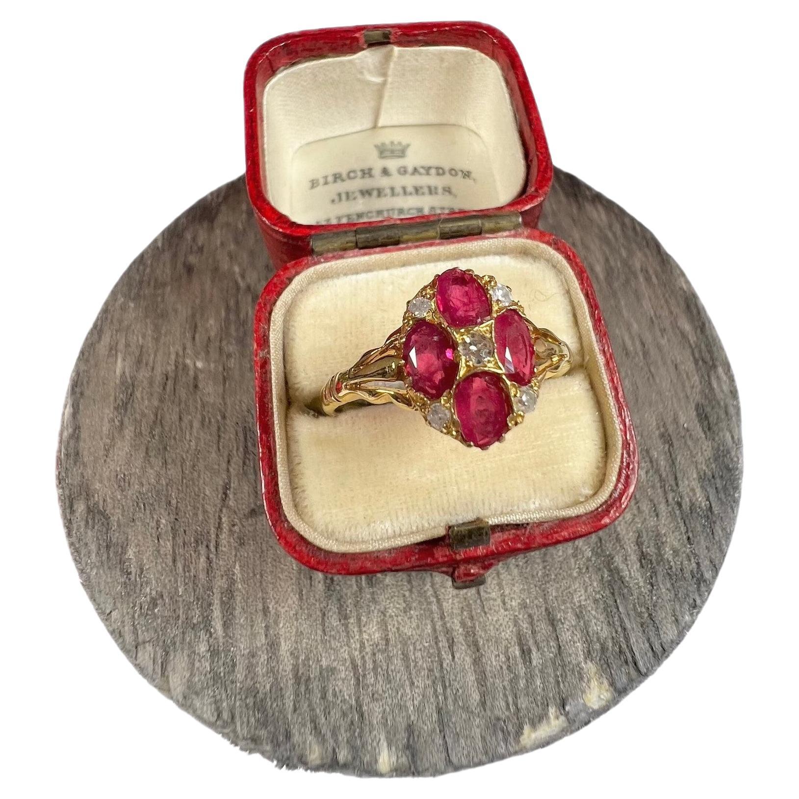 Antique 15ct Gold Victorian Ruby Diamond Ring Oval Shaped Rubies Five & Diamonds For Sale