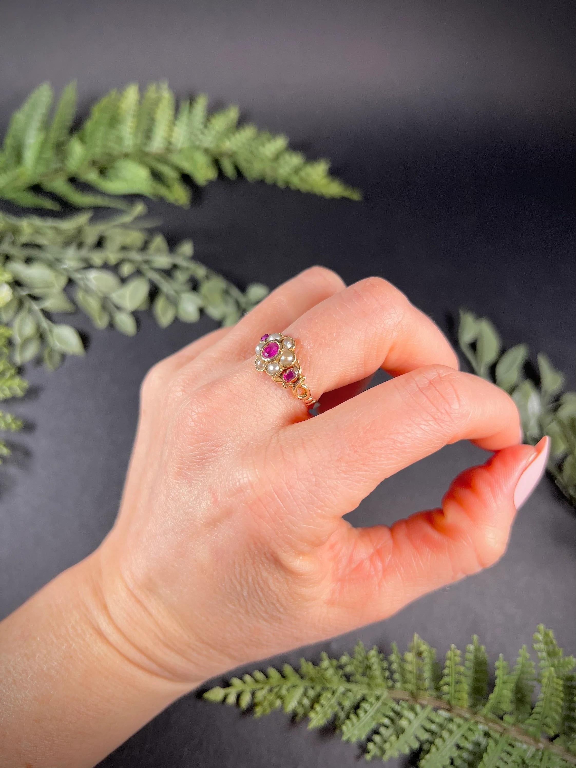 Antique 15ct Gold Victorian Ruby & Seed Pearl Daisy Cluster Ring For Sale 5
