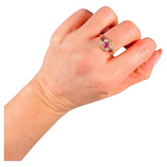 Bague grappe victorienne ancienne en or 15 carats, rubis et perles de rocaille