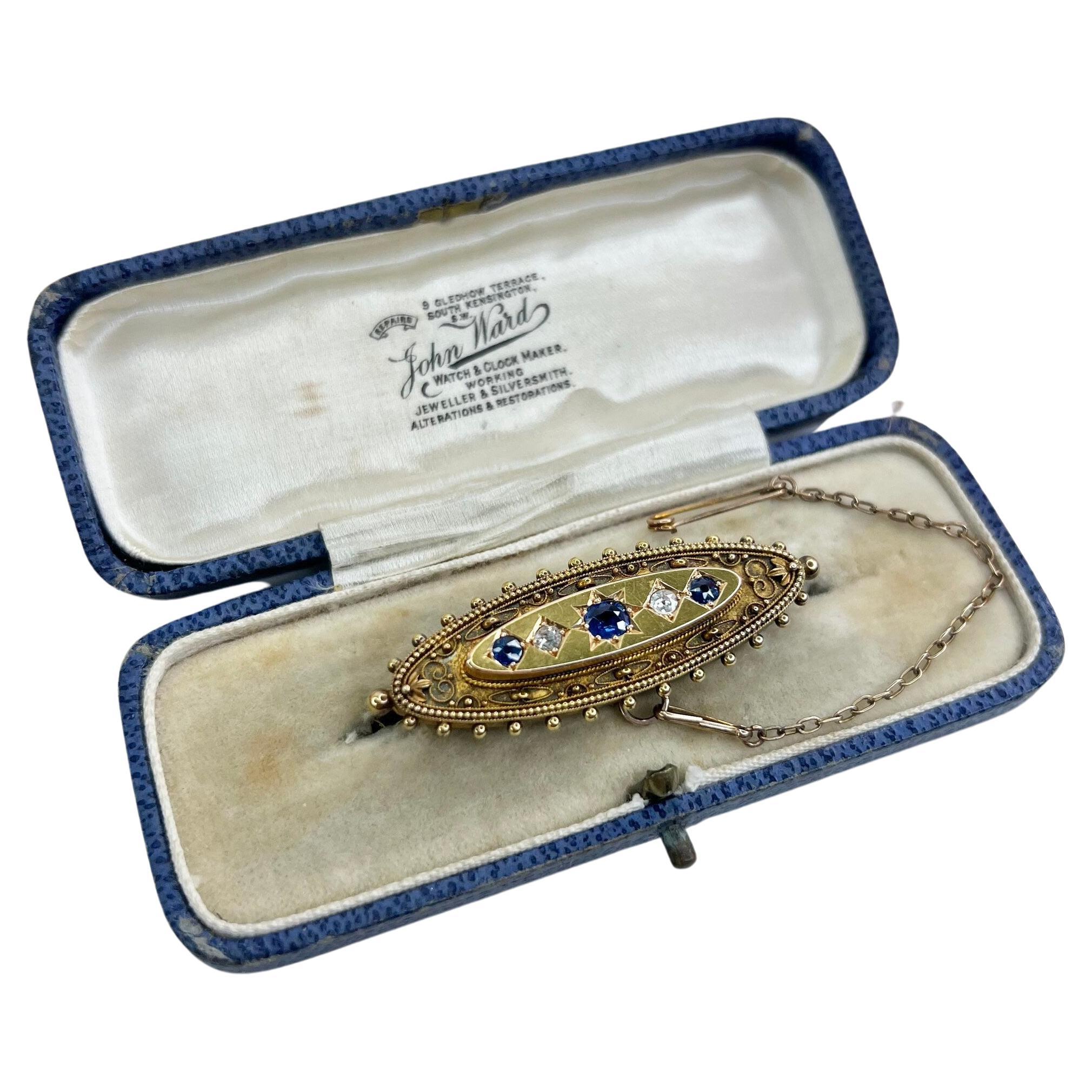 Antique 15ct Gold Victorian Sapphire & Diamond Brooch For Sale