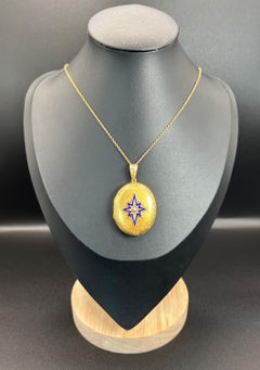 Antique 15ct Gold, Victorian Seed Pearl & Blue Enamel Star, Oval Shaped Locket