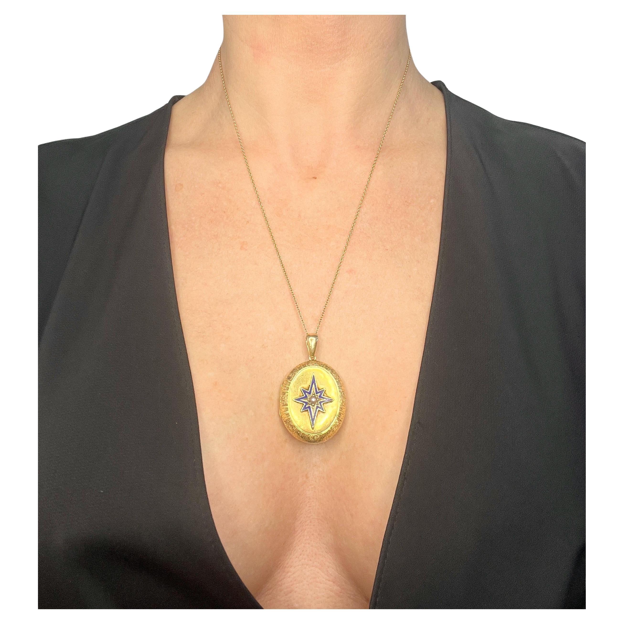 Antique 15ct Gold, Victorian Seed Pearl & Blue Enamel Star, Oval Shaped Locket