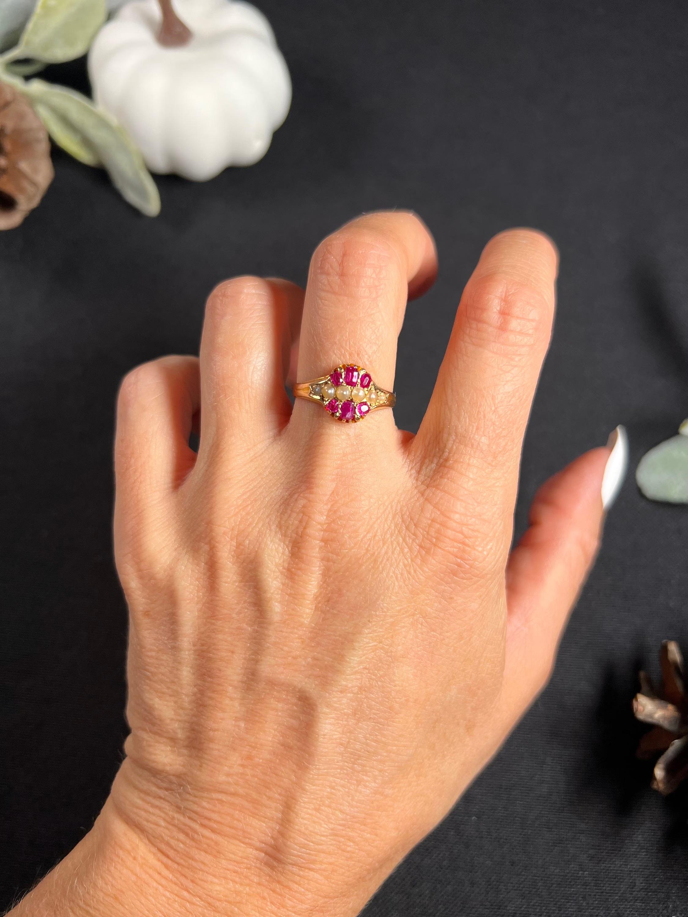 Antique 15ct Gold Victorian Seed Pearl & Ruby Ring For Sale 3