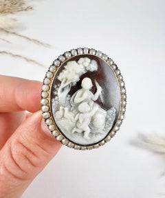 Antike 15 Karat Gold, viktorianische Saatperlen- und Muschelkamee-Porträtbrosche