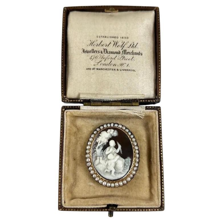 Antique 15ct Gold, Victorian Seed Pearl & Shell Cameo Portrait Brooch