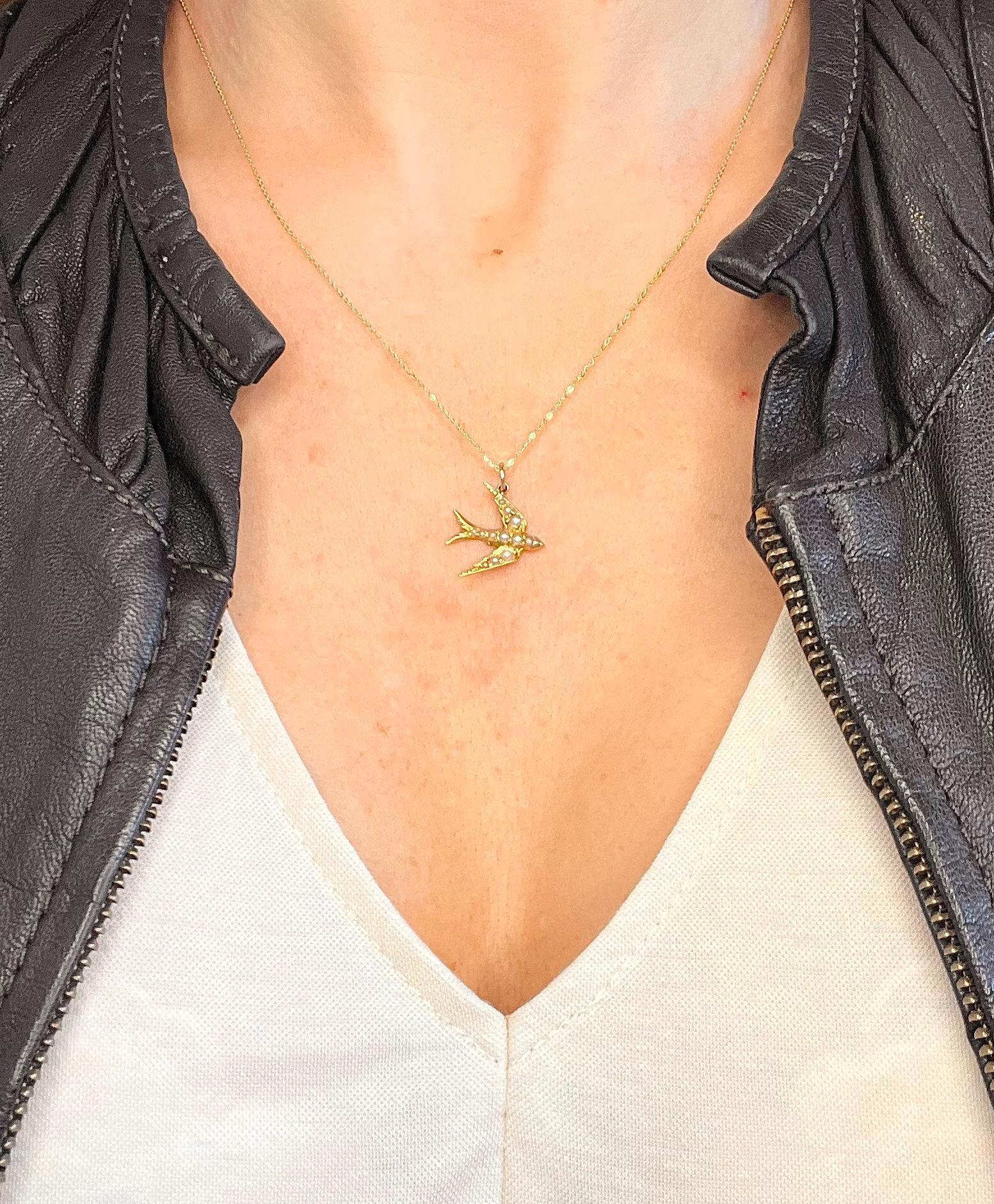Round Cut Antique 15ct Gold, Victorian Seed Pearl Swallow Pendant Necklace For Sale