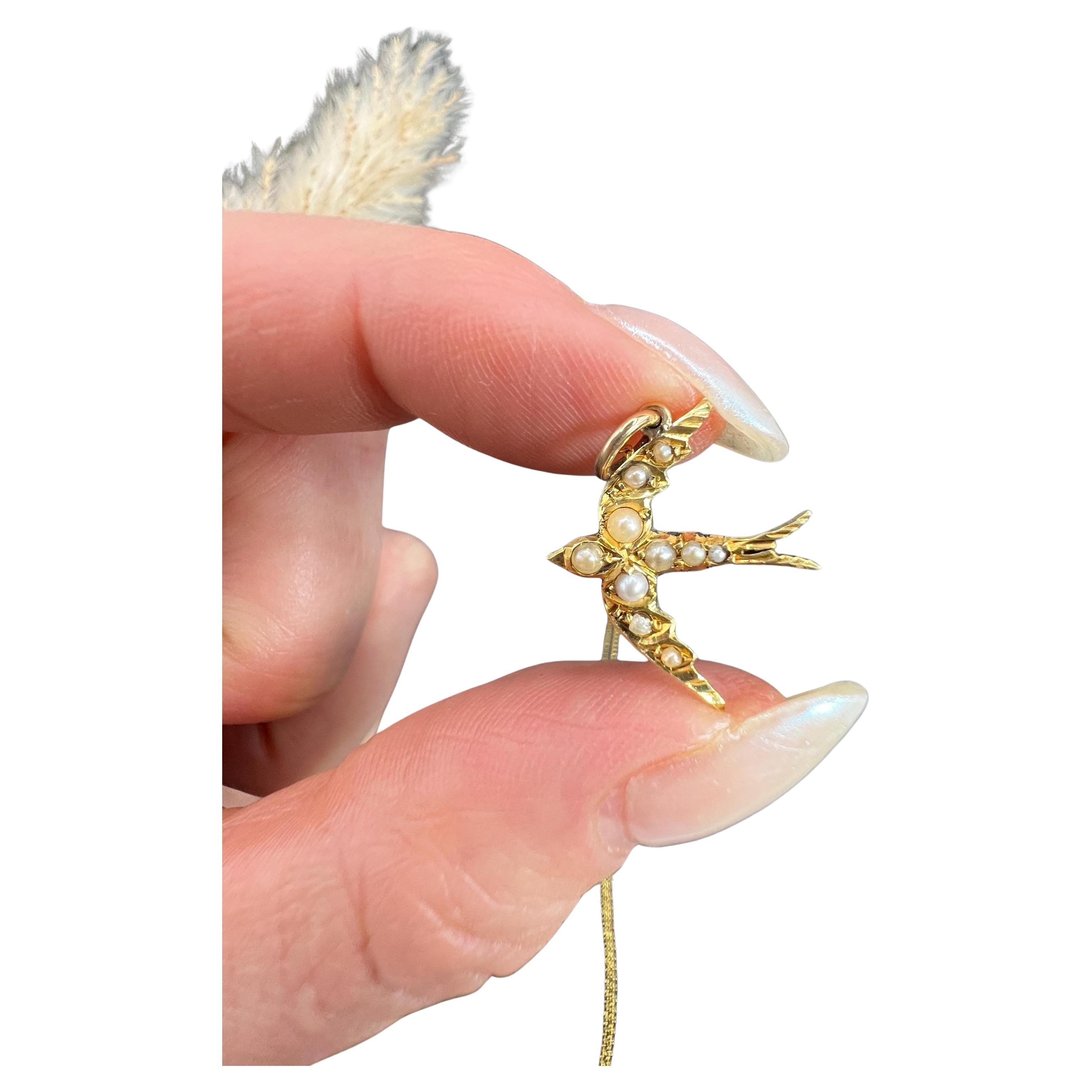 Antique 15ct Gold, Victorian Seed Pearl Swallow Pendant Necklace