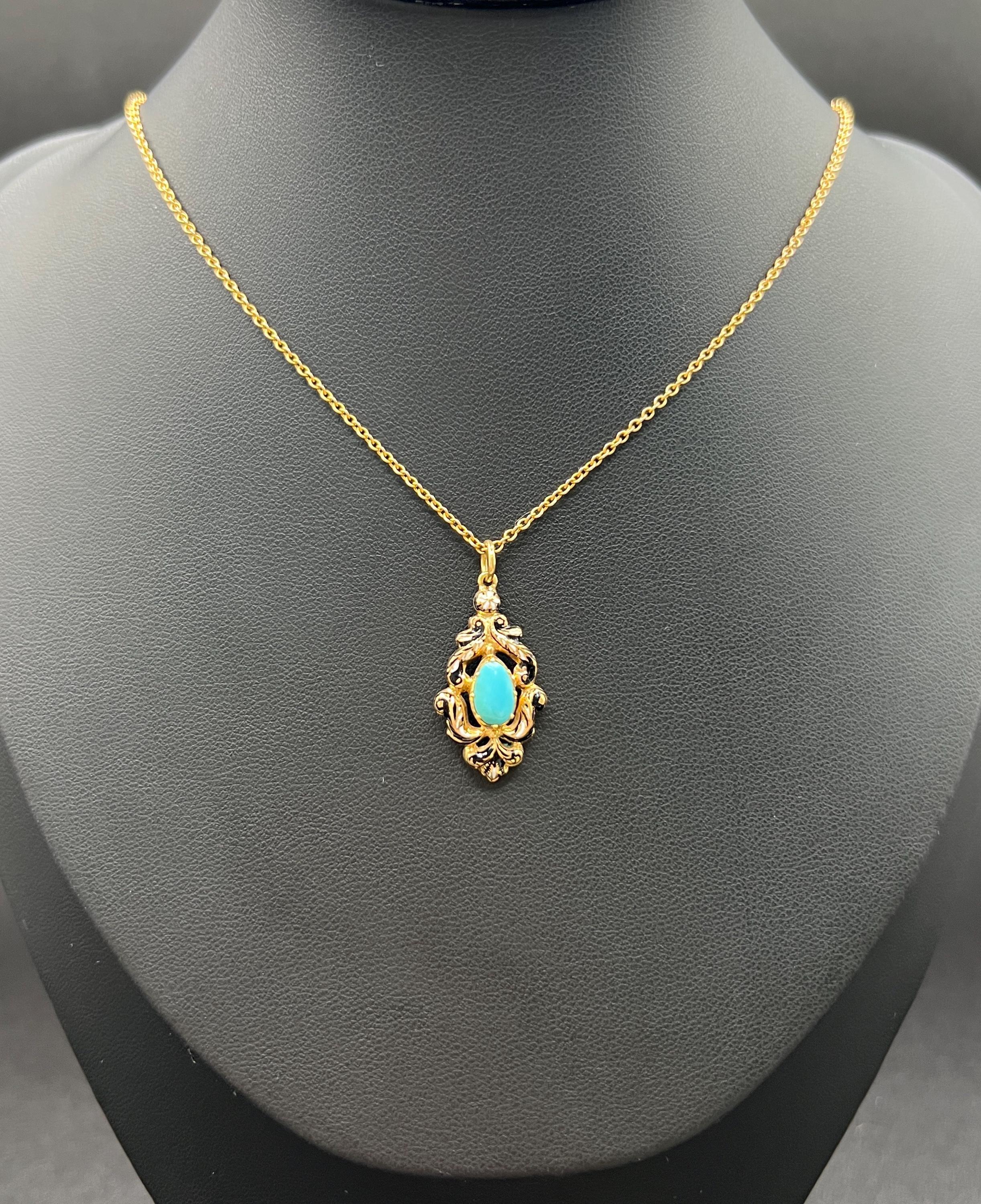 Antico ciondolo vittoriano in oro 15ct con turchese e smalto In condizioni buone in vendita a Brighton, GB