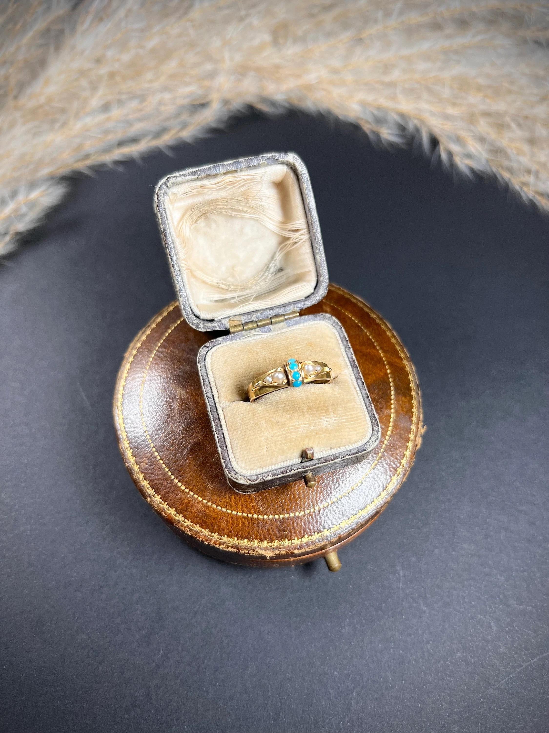 Antique 15ct Gold Victorian Turquoise & Pearl Band Ring For Sale 5