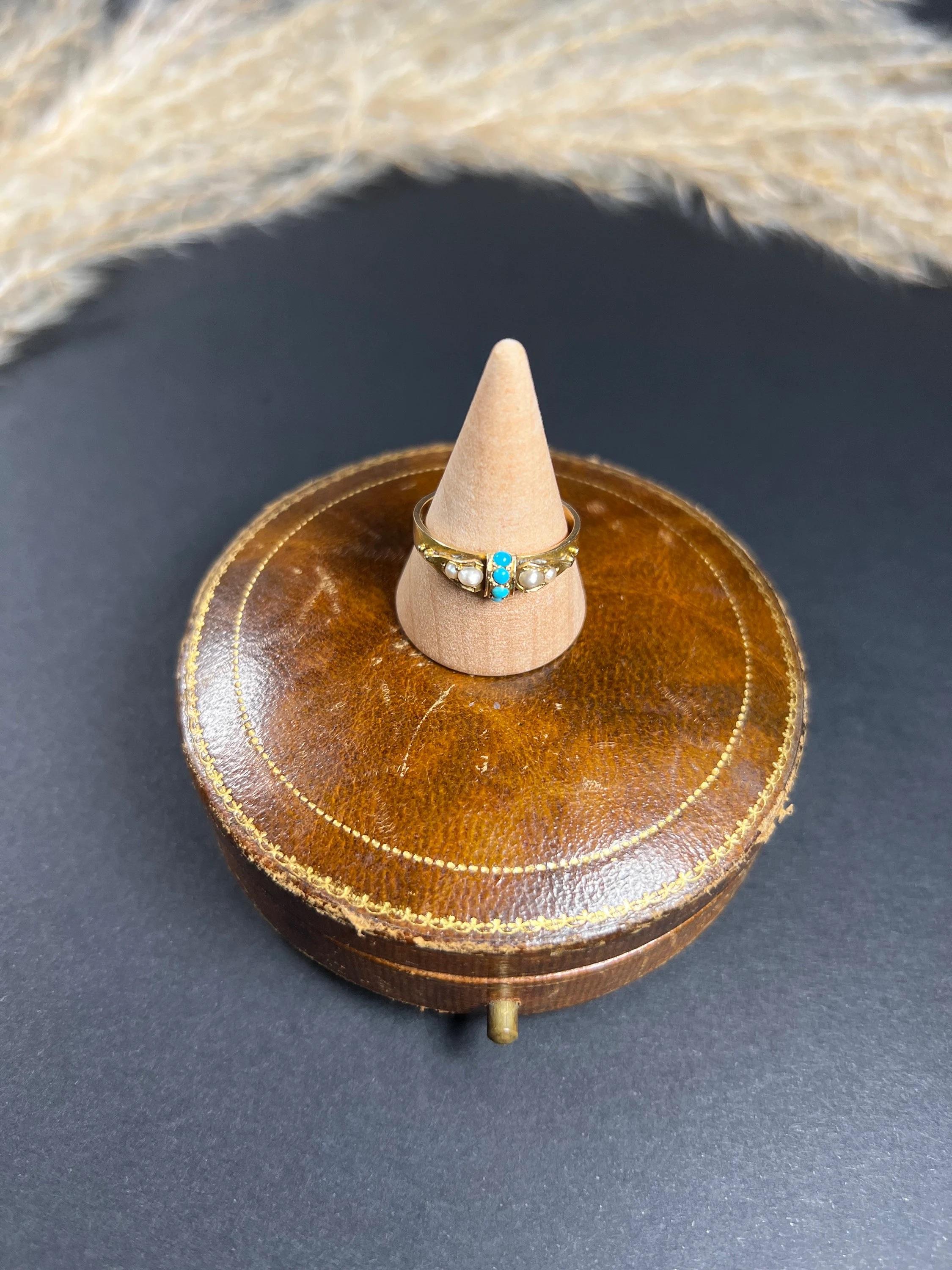 Antique 15ct Gold Victorian Turquoise & Pearl Band Ring For Sale 6