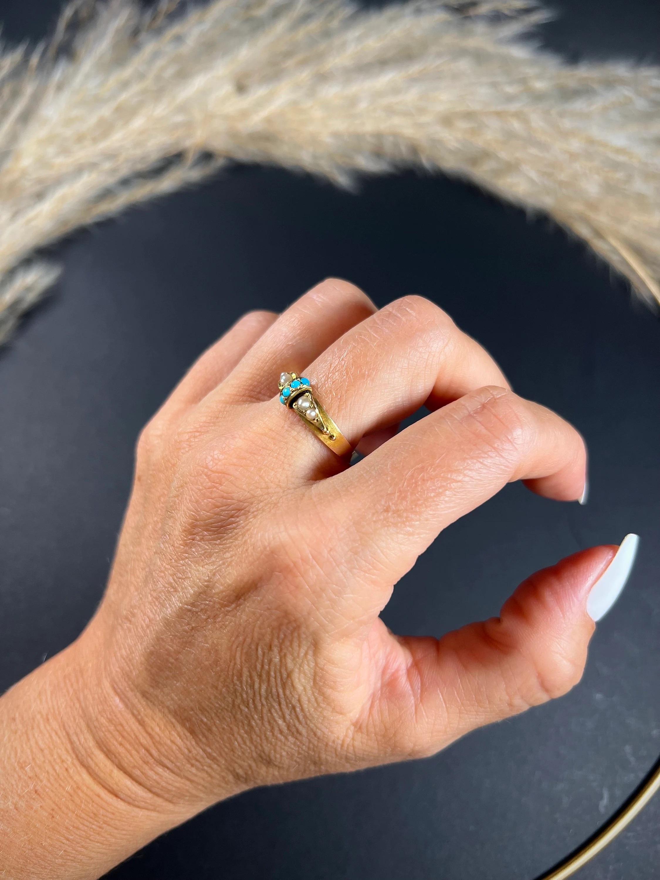 Women's or Men's Antique 15ct Gold Victorian Turquoise & Pearl Band Ring For Sale