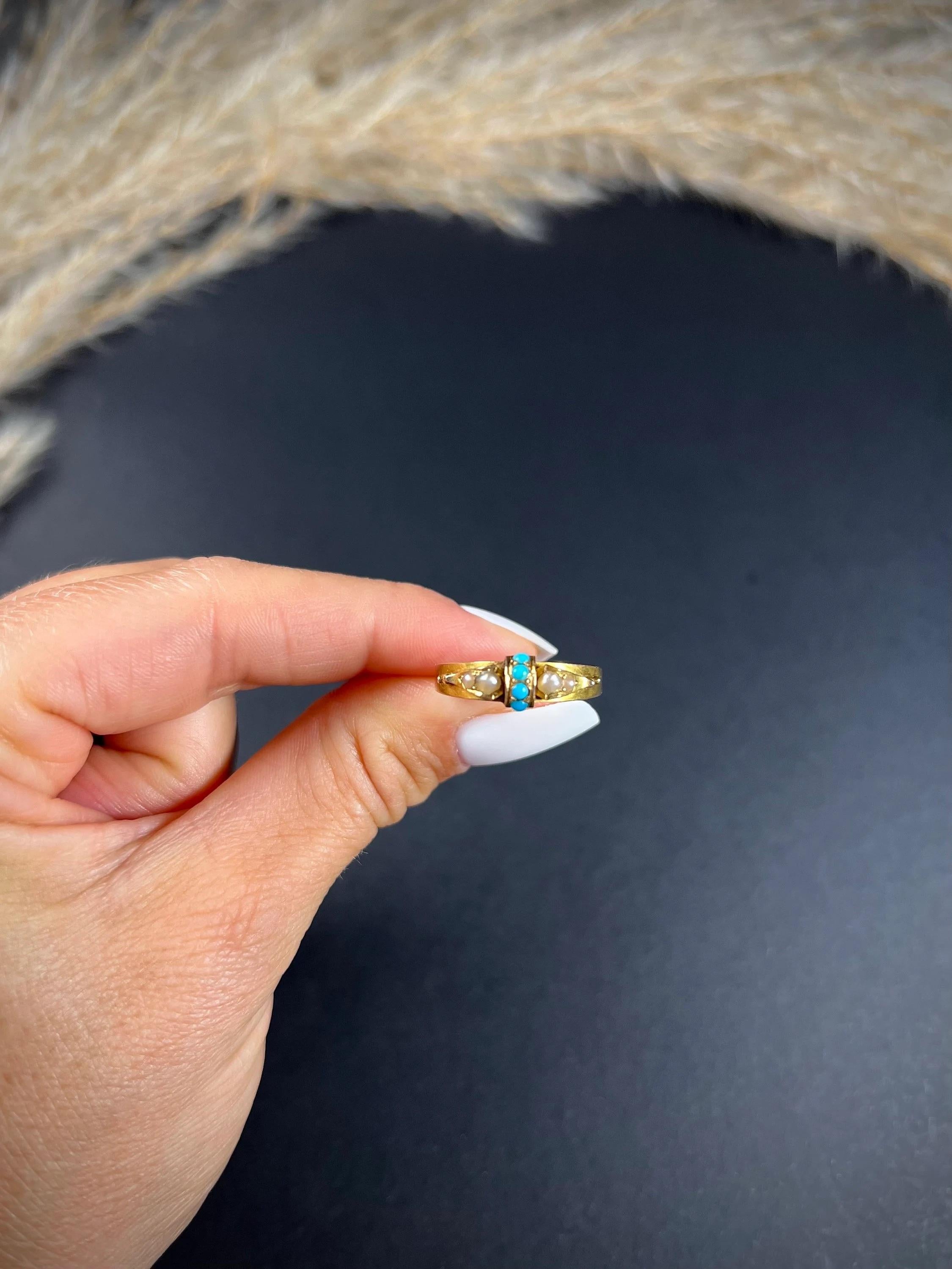 Antique 15ct Gold Victorian Turquoise & Pearl Band Ring For Sale 1