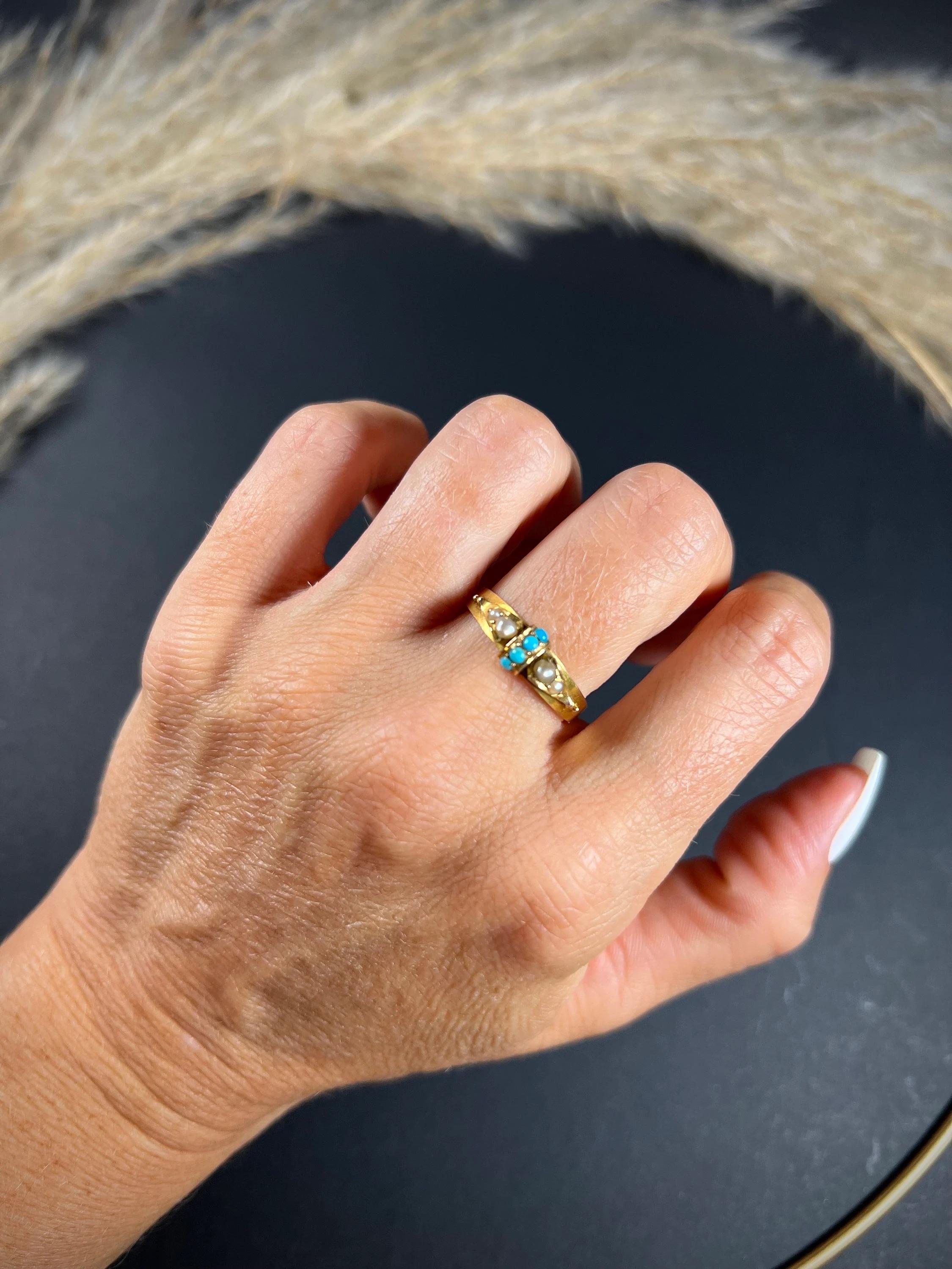 Antique 15ct Gold Victorian Turquoise & Pearl Band Ring For Sale 2