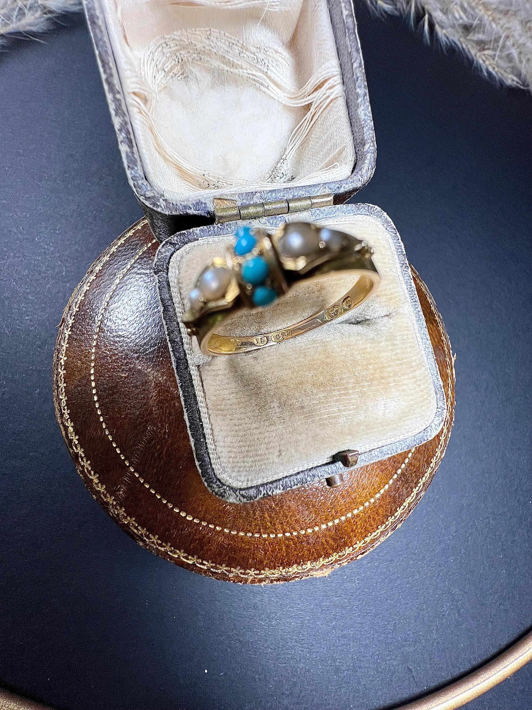 Antique 15ct Gold Victorian Turquoise & Pearl Band Ring For Sale 3