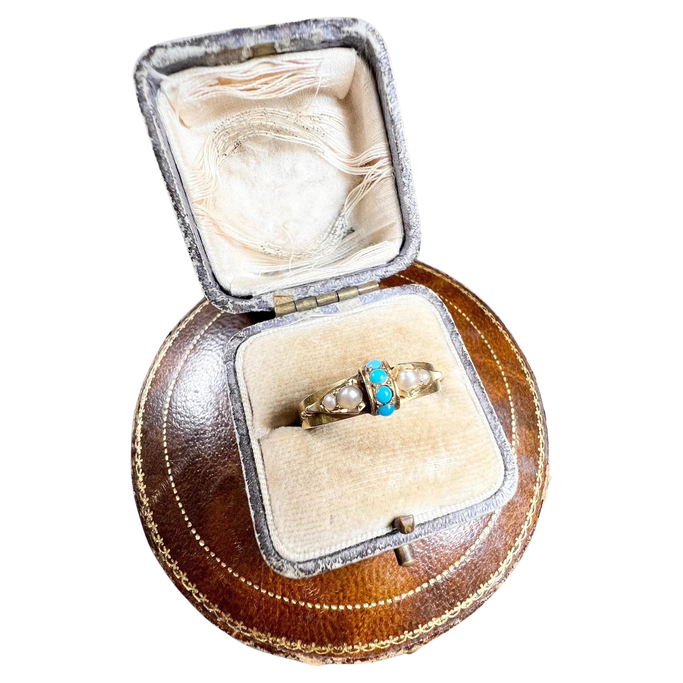 Antique 15ct Gold Victorian Turquoise & Pearl Band Ring