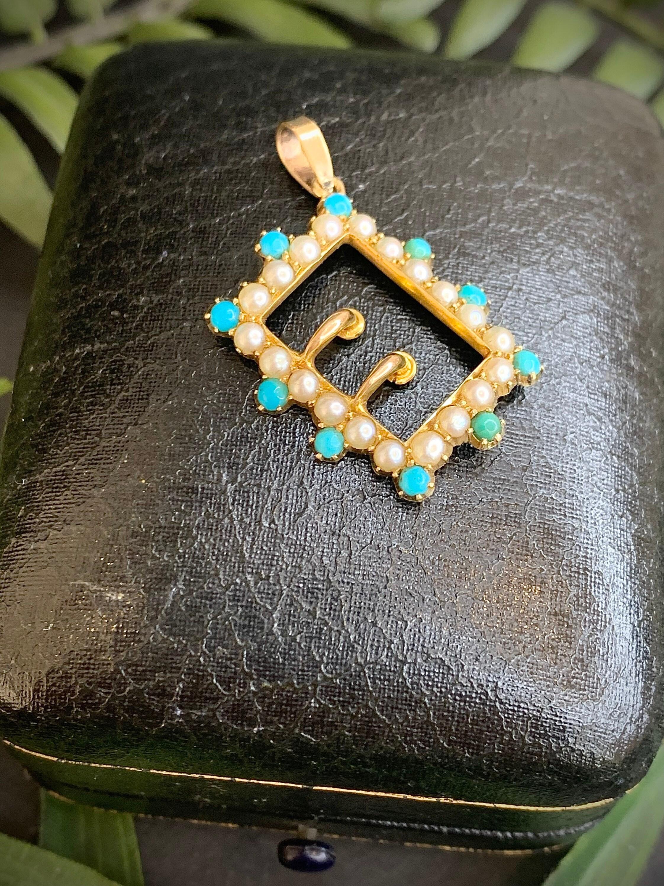 Round Cut Antique 15ct Gold Victorian Turquoise & Pearl Buckle Pendant For Sale