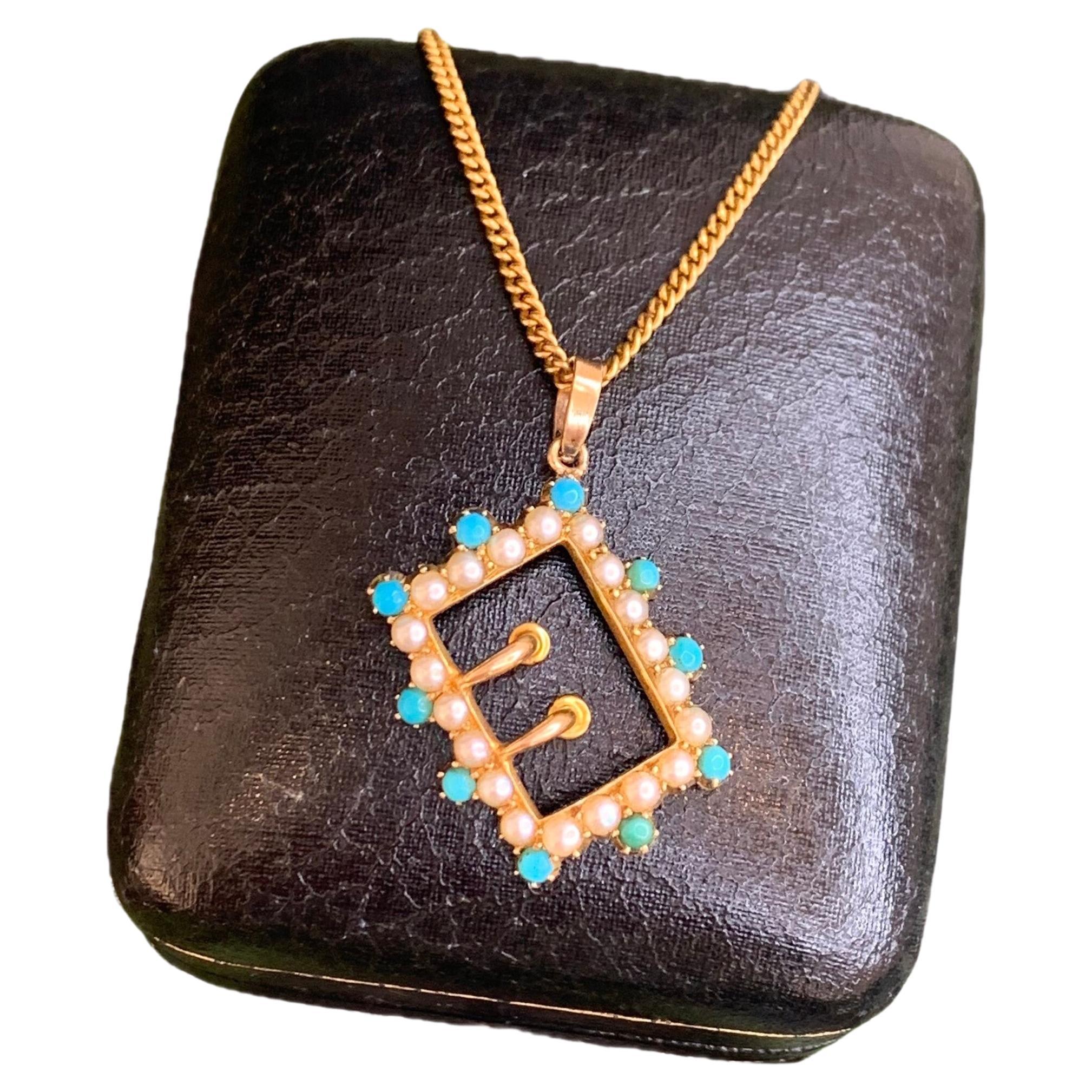 Antique 15ct Gold Victorian Turquoise & Pearl Buckle Pendant For Sale