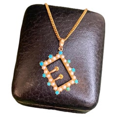 Antique 15ct Gold Victorian Turquoise & Pearl Buckle Pendant