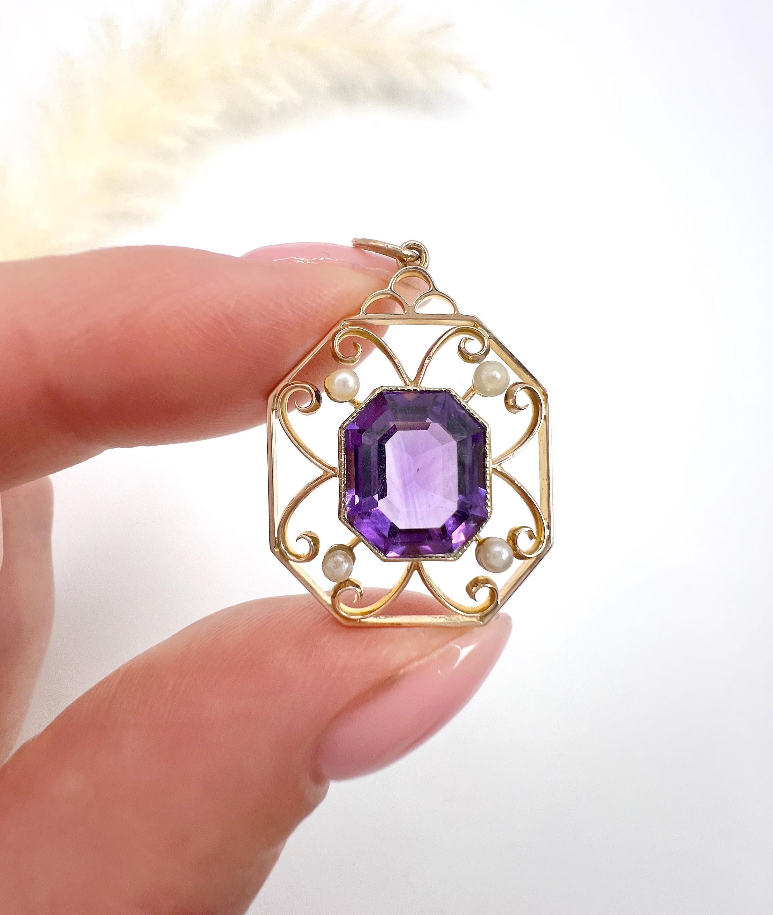 Antiker Anhänger aus 15 Karat Roségold, achteckigem Edwardianischem Amethyst und Saatperlen-Anhänger im Angebot 5
