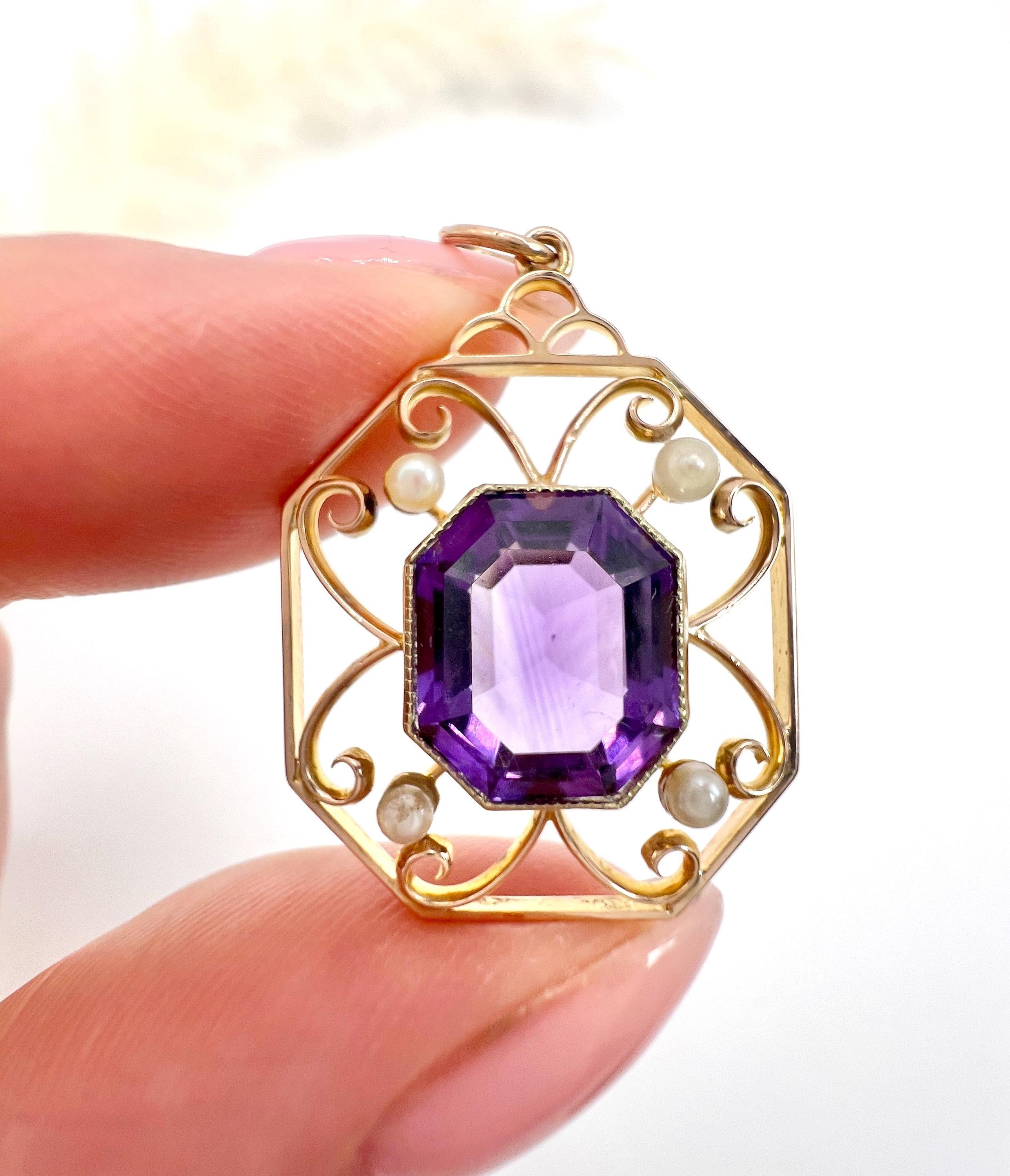 Antiker Anhänger aus 15 Karat Roségold, achteckigem Edwardianischem Amethyst und Saatperlen-Anhänger im Angebot 6