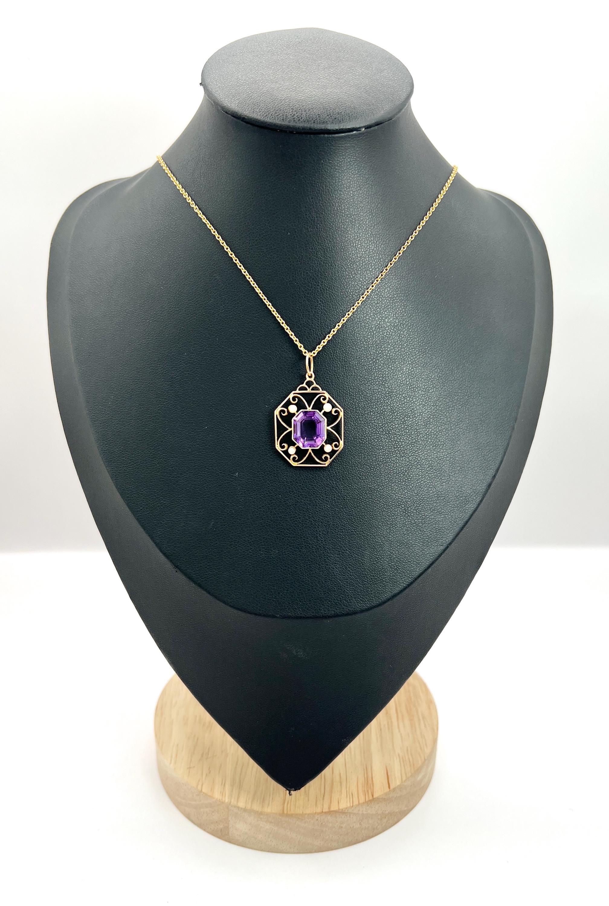 Antiker Anhänger aus 15 Karat Roségold, achteckigem Edwardianischem Amethyst und Saatperlen-Anhänger (Achteckschliff) im Angebot