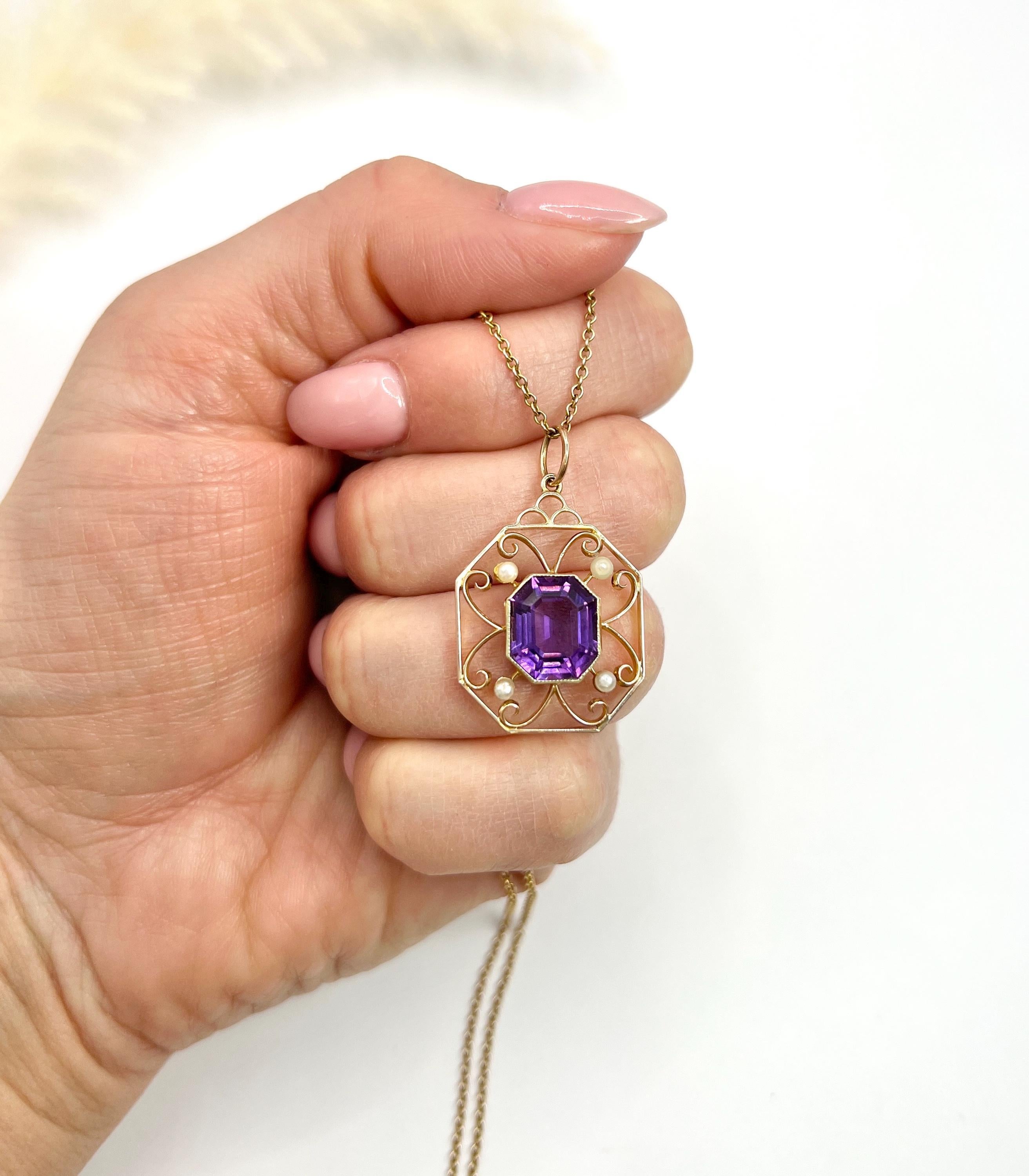 Antiker Anhänger aus 15 Karat Roségold, achteckigem Edwardianischem Amethyst und Saatperlen-Anhänger im Angebot 1