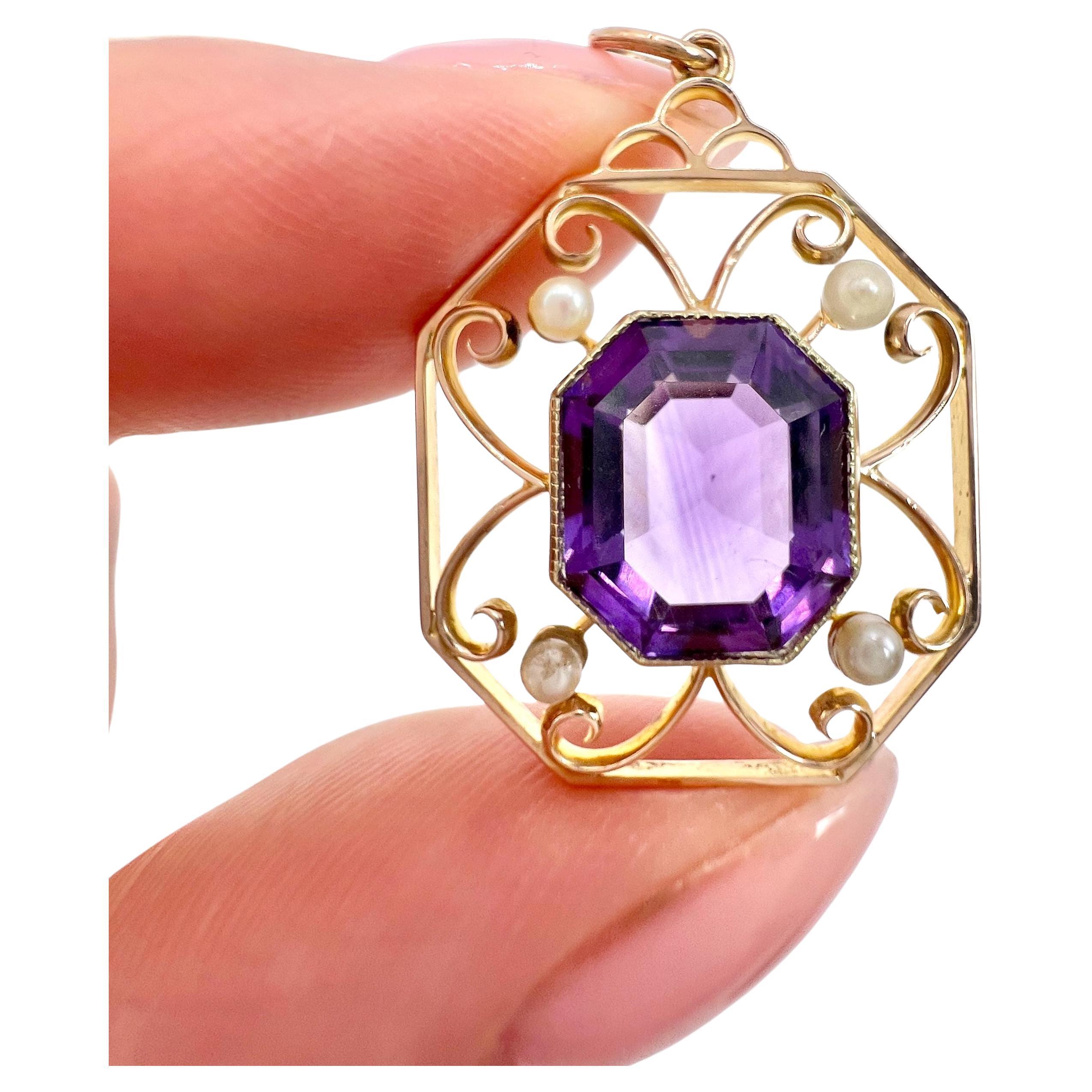 Antique 15ct Rose Gold, Edwardian Octagonal Amethyst & Seed Pearl Pendant