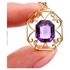 Antiguo colgante de oro rosa de 15 ct, amatista octogonal eduardiana y perla semillera