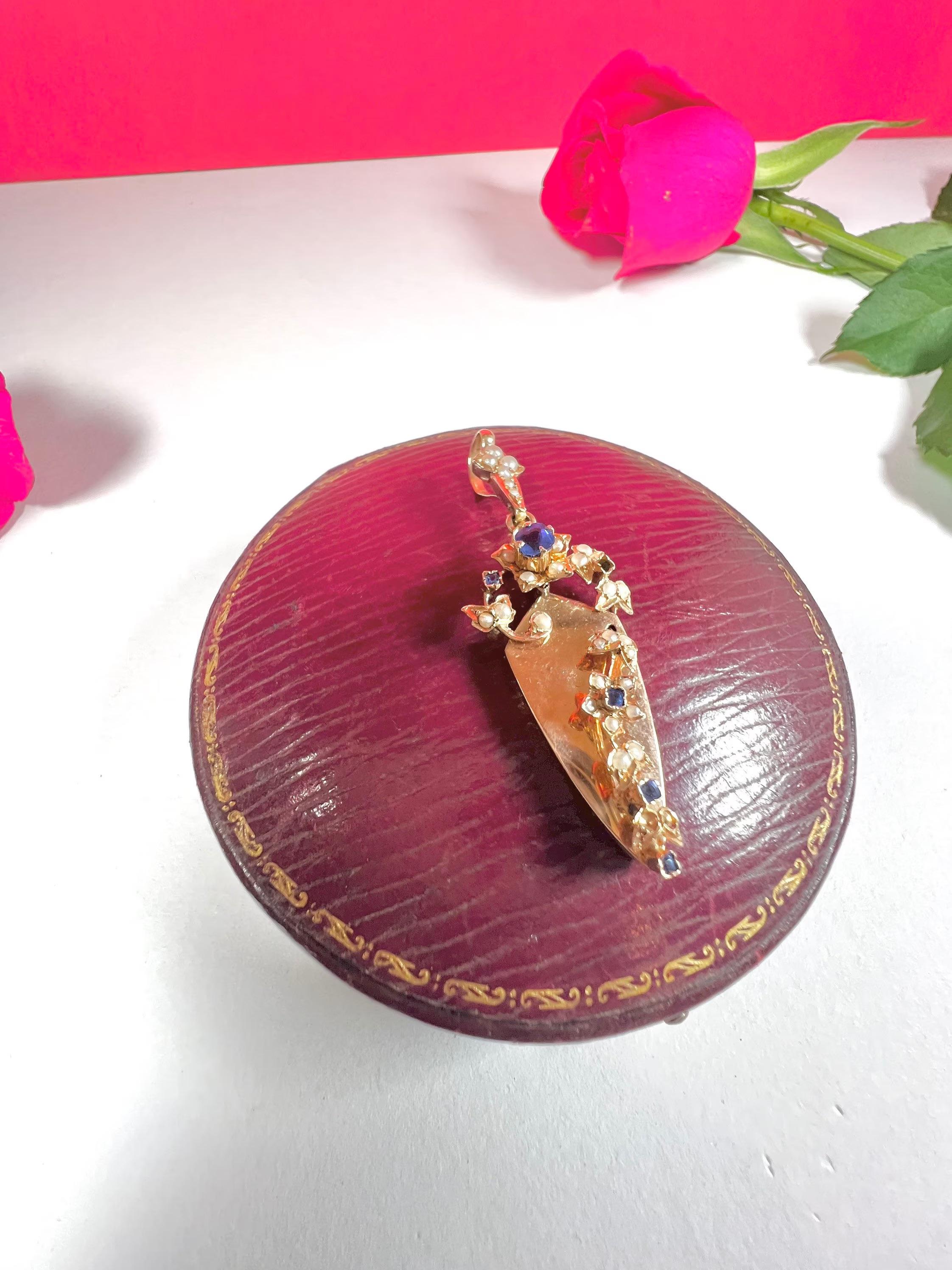 Antique 15ct Rose Gold Edwardian Sapphire & Pearl Pendant For Sale 5