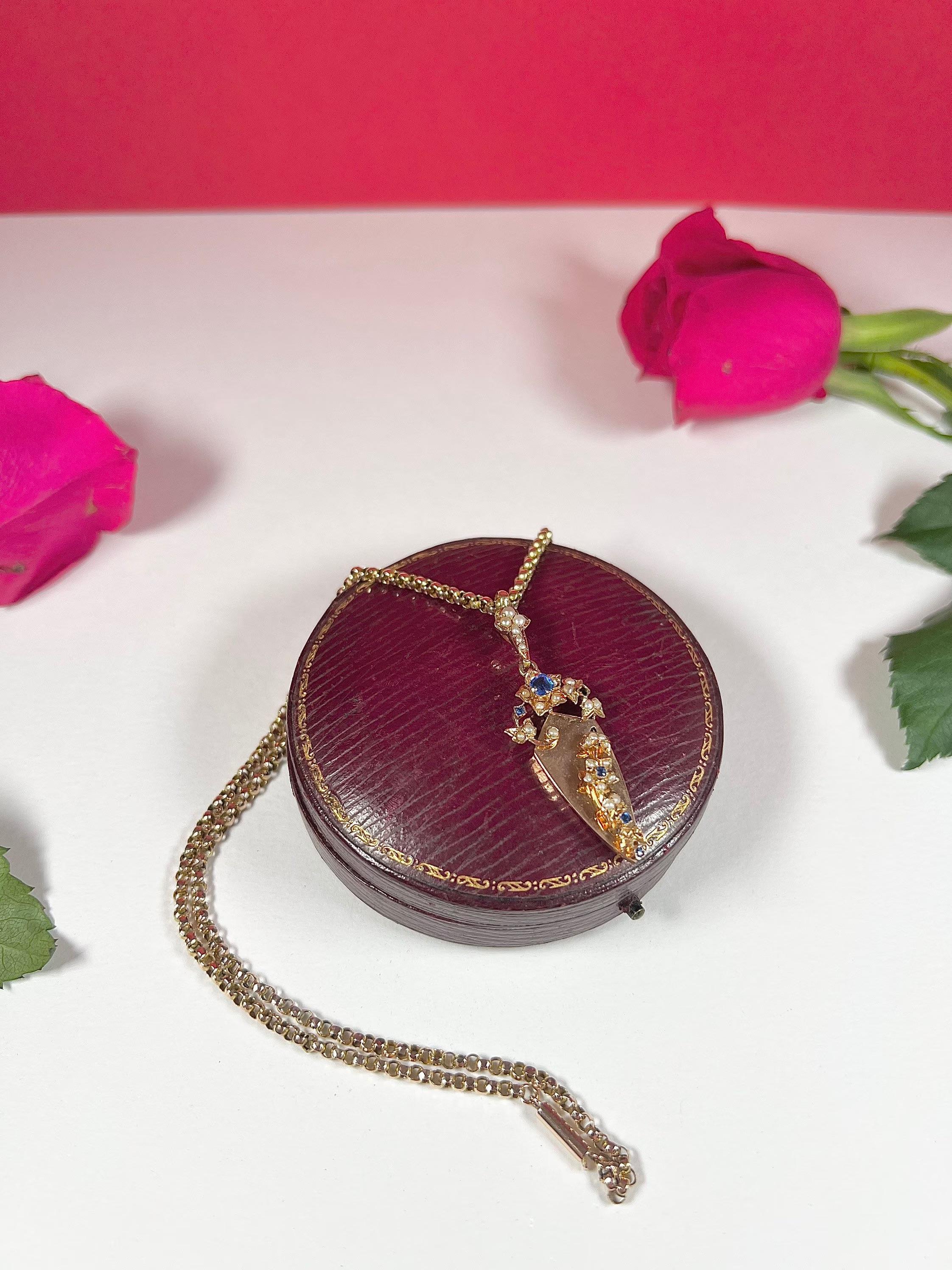 Antique 15ct Rose Gold Edwardian Sapphire & Pearl Pendant For Sale 6
