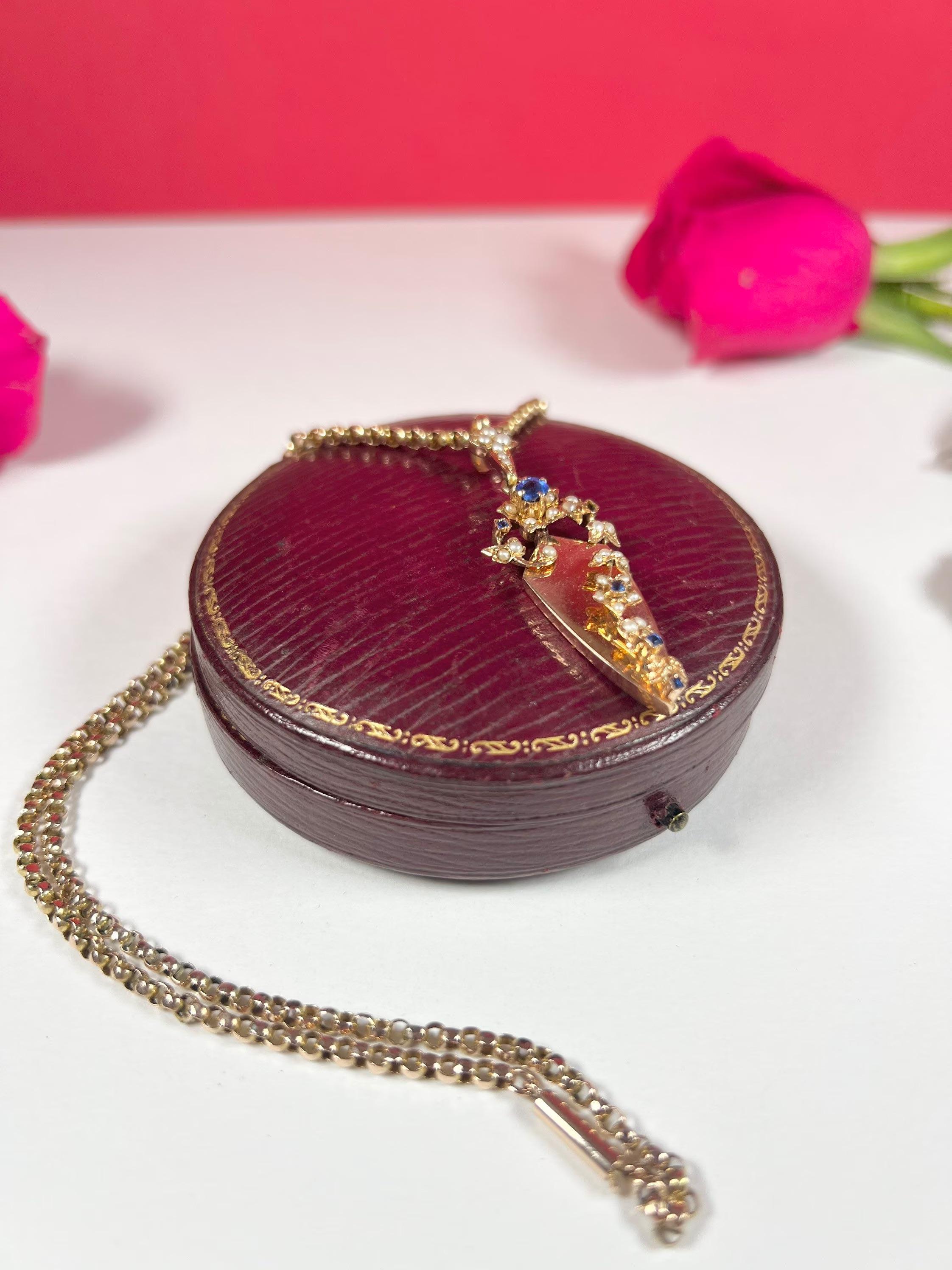 Antique 15ct Rose Gold Edwardian Sapphire & Pearl Pendant For Sale 3