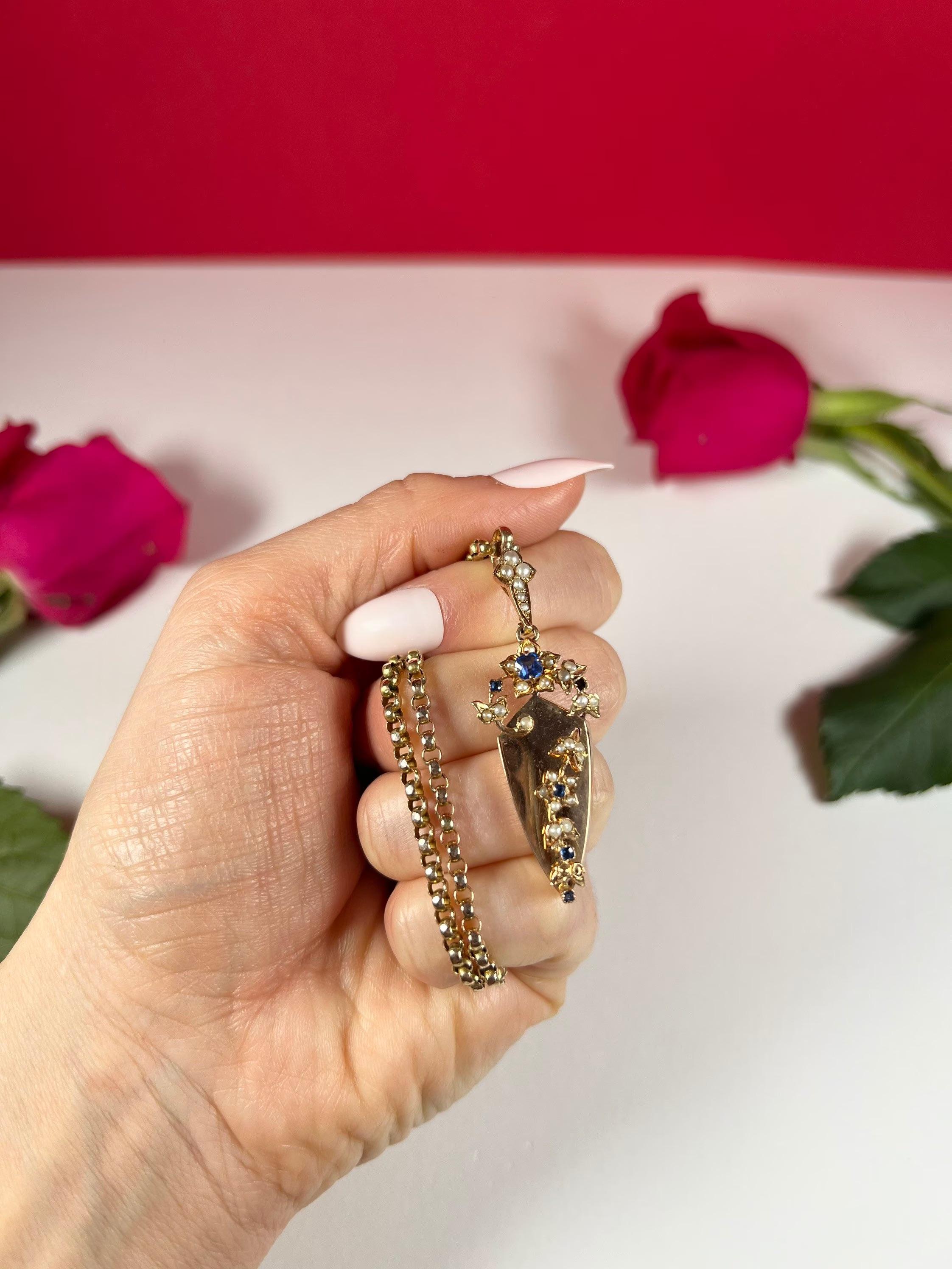 Antique 15ct Rose Gold Edwardian Sapphire & Pearl Pendant For Sale 4