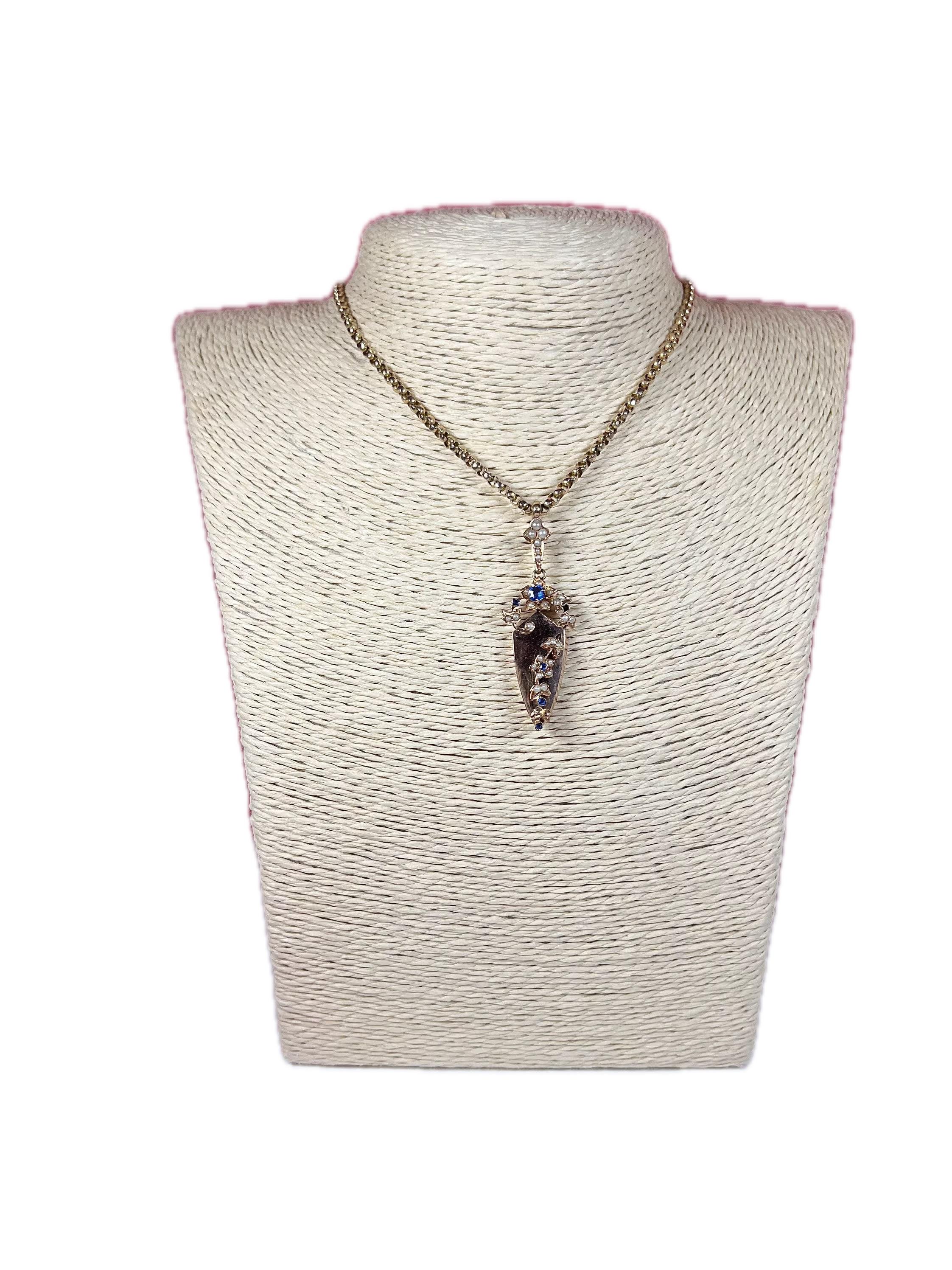 Antique 15ct Rose Gold Edwardian Sapphire & Pearl Pendant For Sale