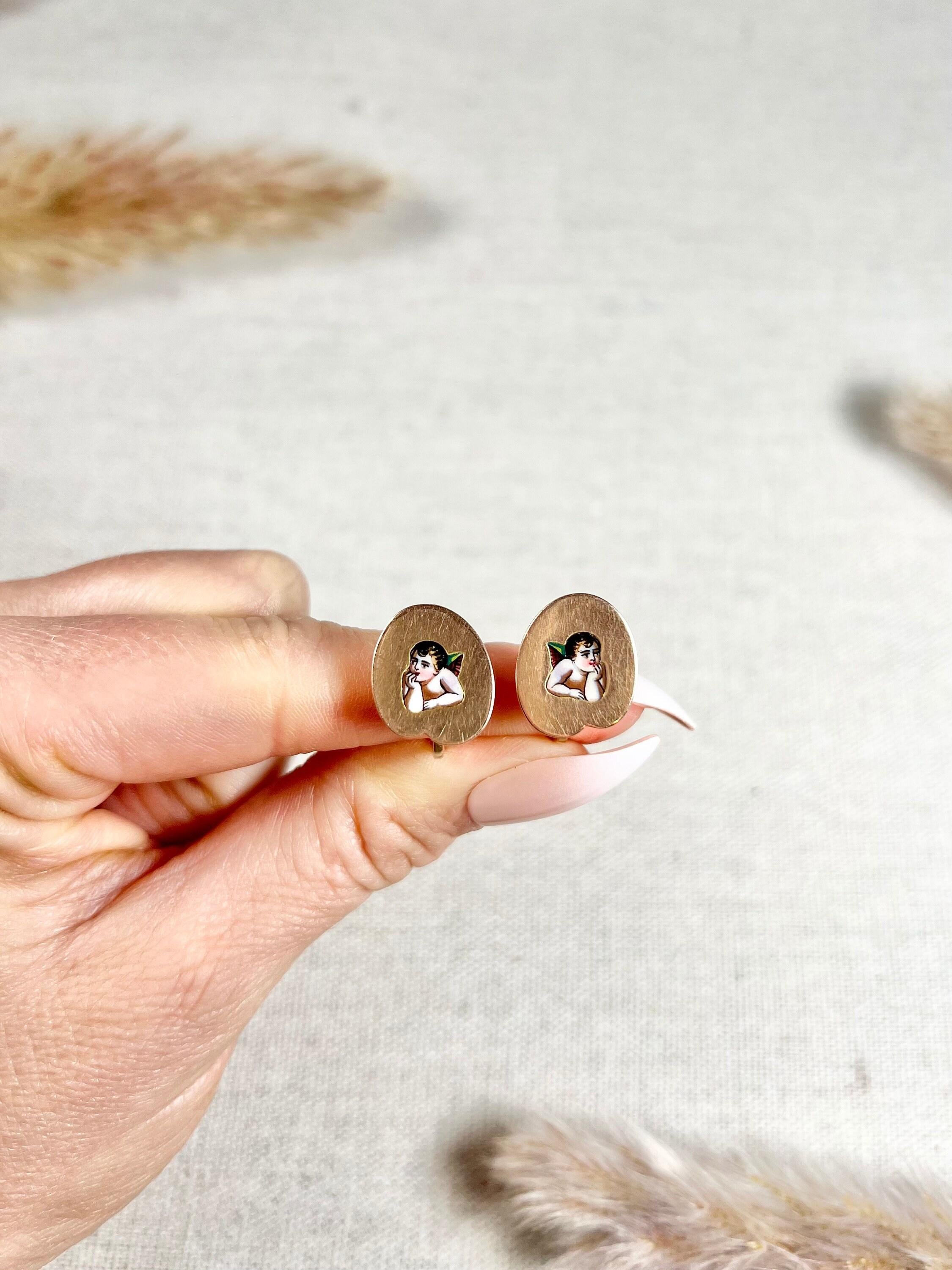 Antique 15ct Rose Gold & Enamel, Victorian Cherub Stud Earrings For Sale 6