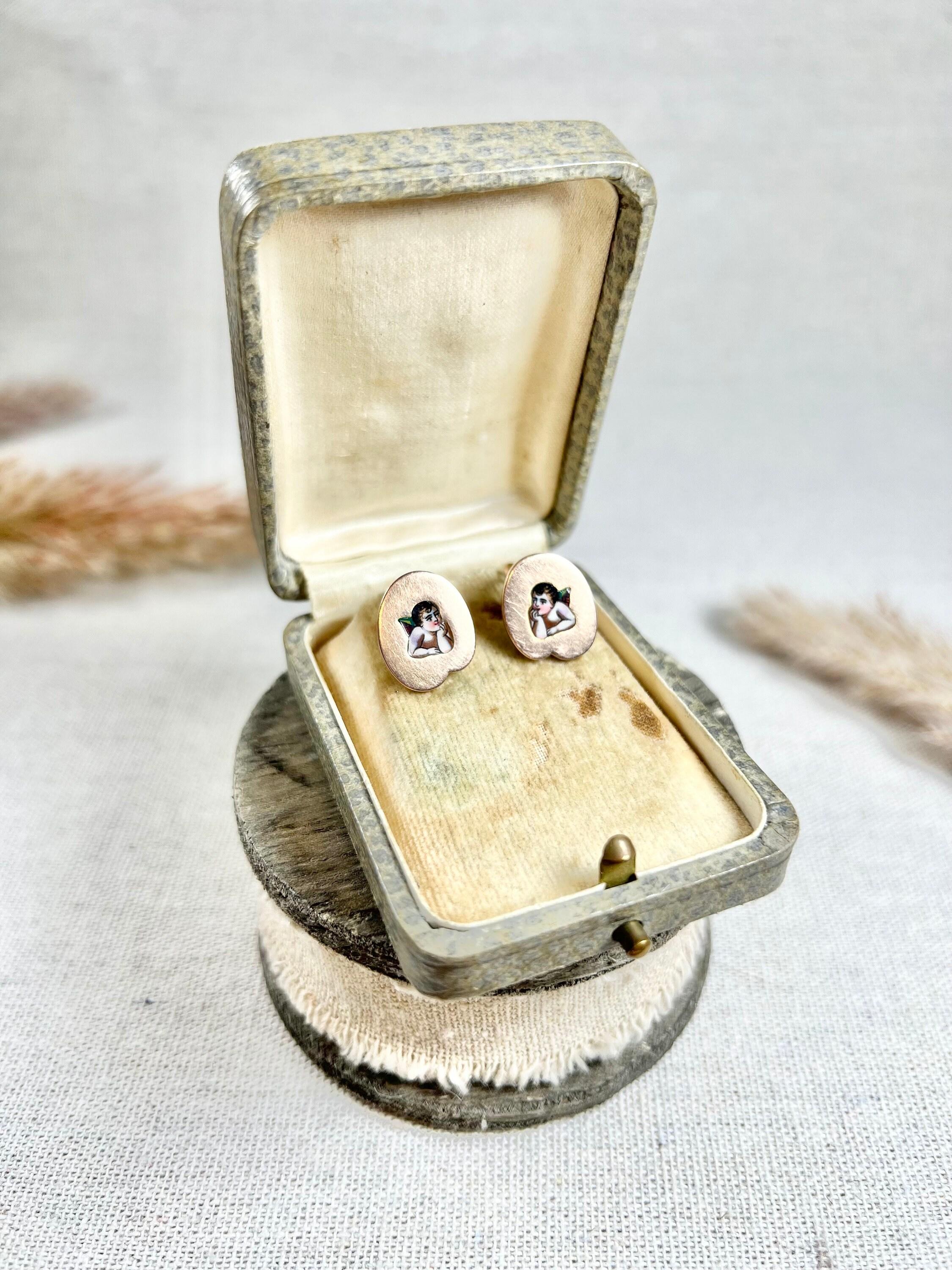 Antique 15ct Rose Gold & Enamel, Victorian Cherub Stud Earrings For Sale 1